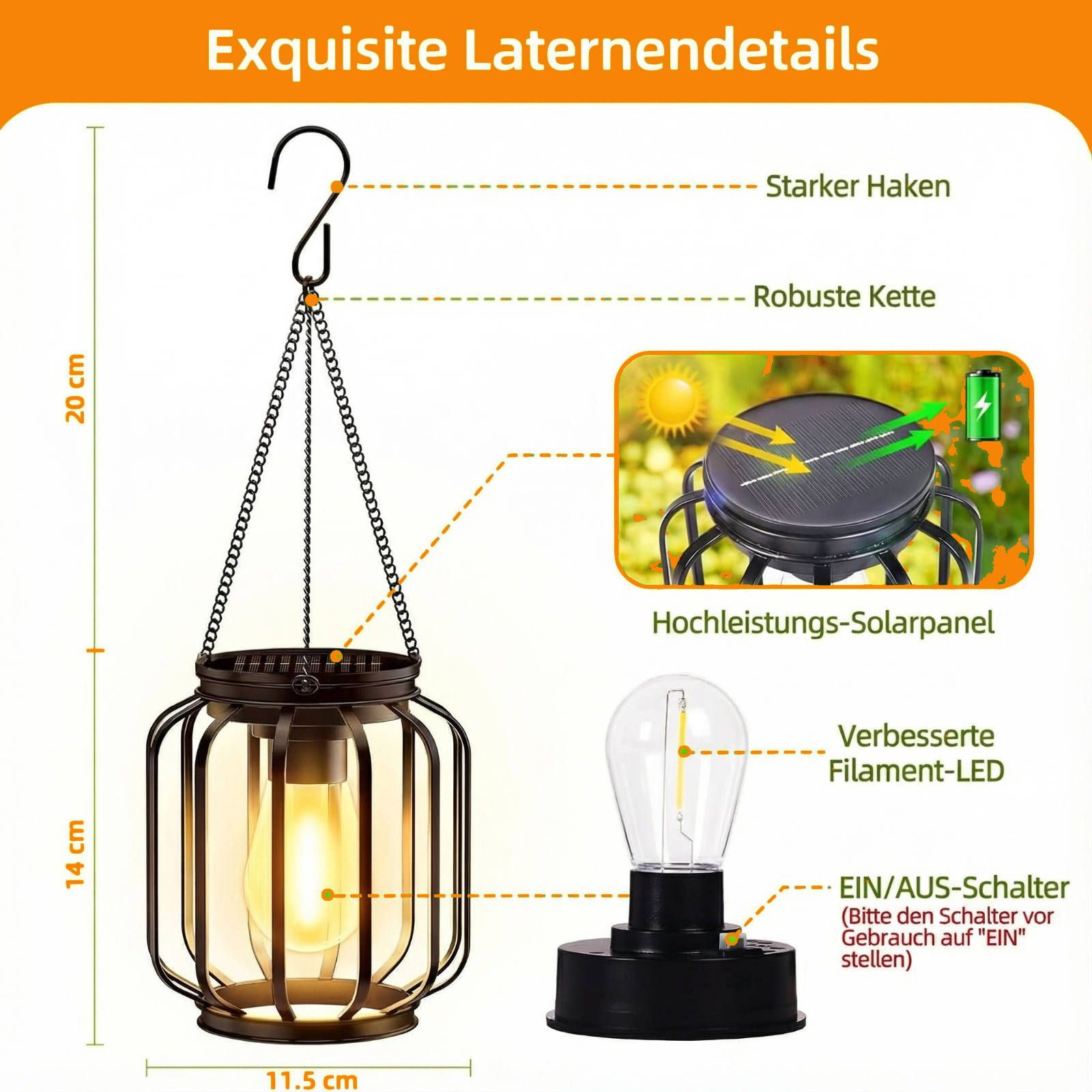 Eine schwarze Laterne mit Solarpanel und einer Glühbirne auf schwarzer Basis.