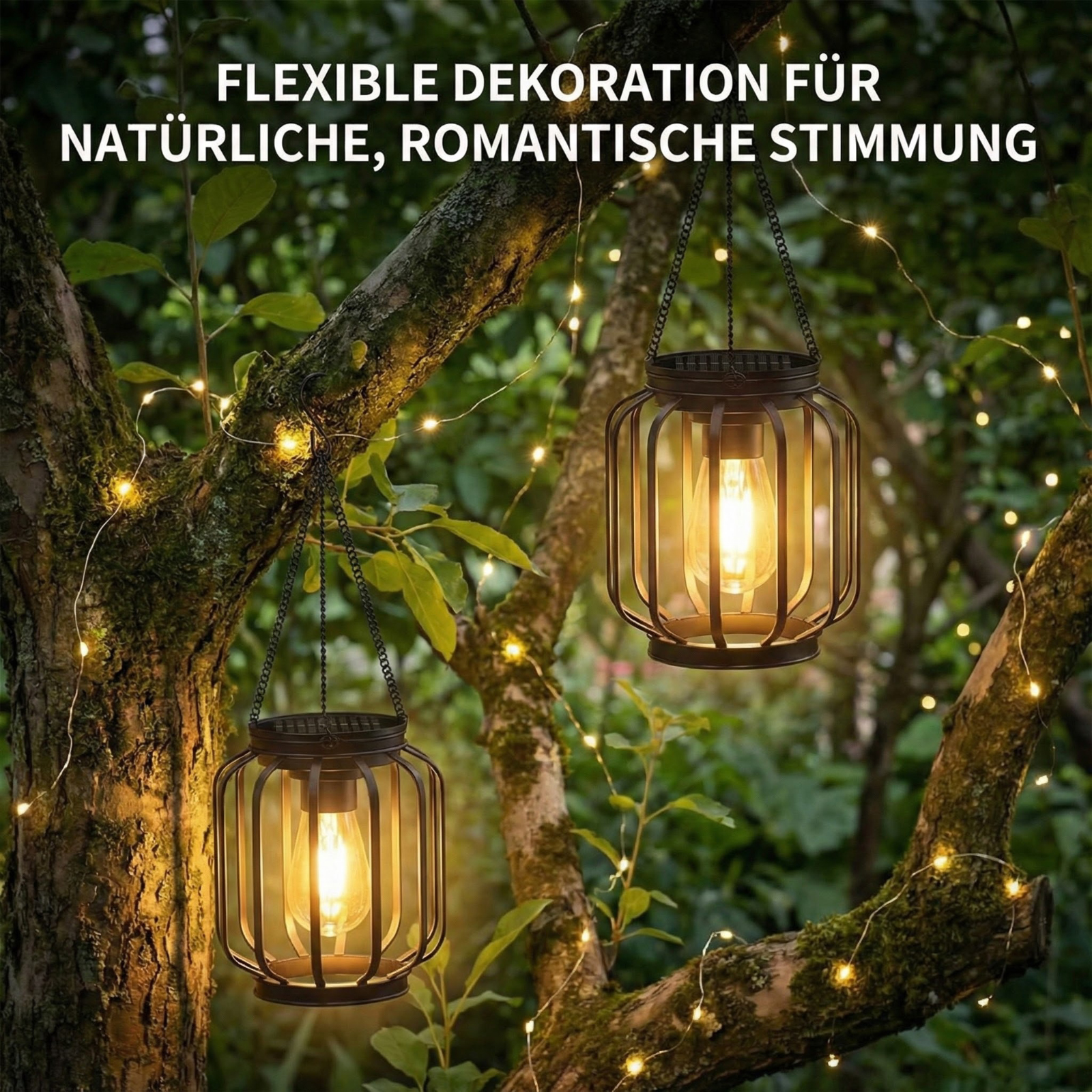 Zwei hängende Laternen mit leuchtenden Glühbirnen in einem Baum. Lichterketten sind um die Äste gewickelt. Grüner Hintergrund.