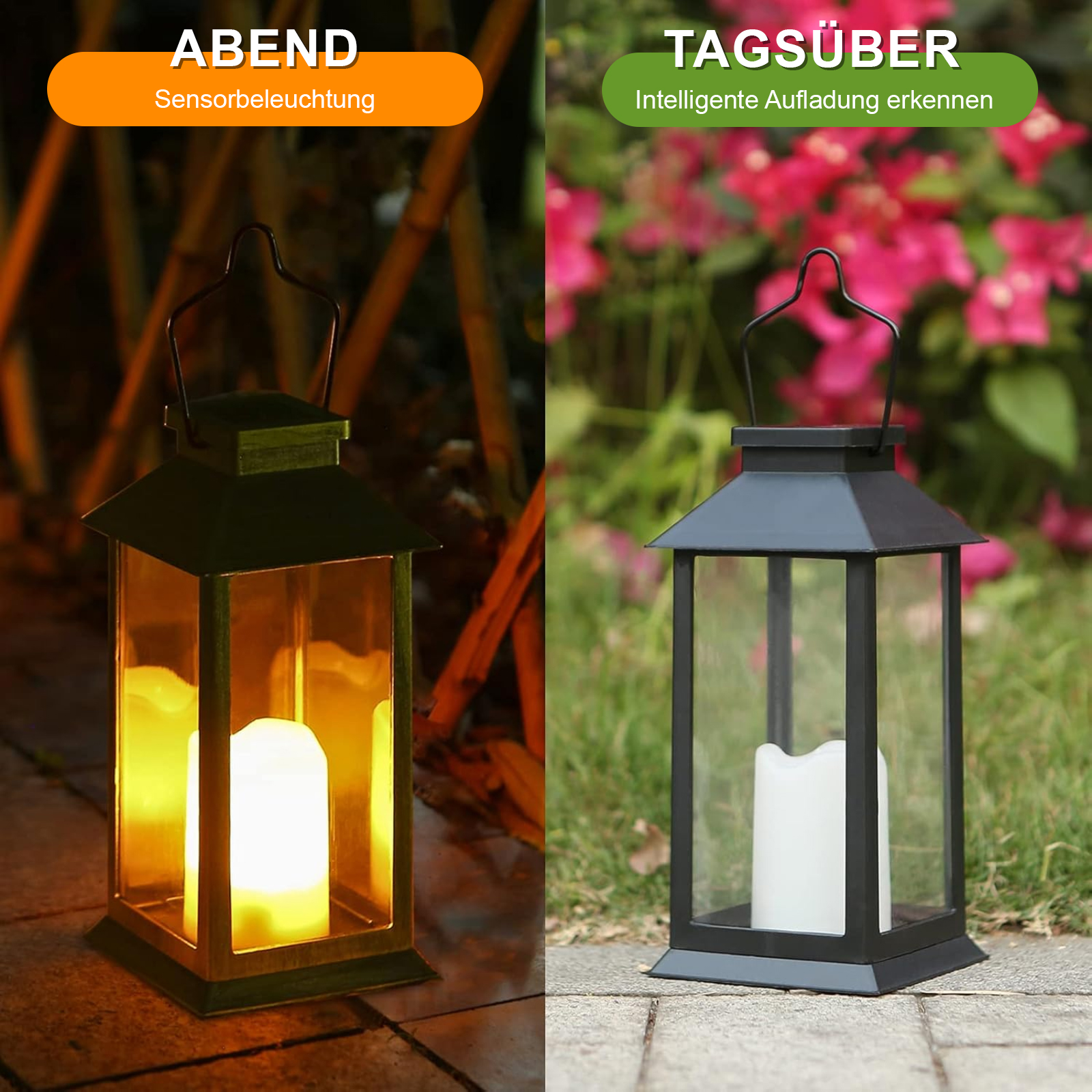 Das Bild zeigt zwei Laternen. Eine leuchtet nachts, die andere ist tagsüber unbeleuchtet. Beide enthalten eine Kerze.