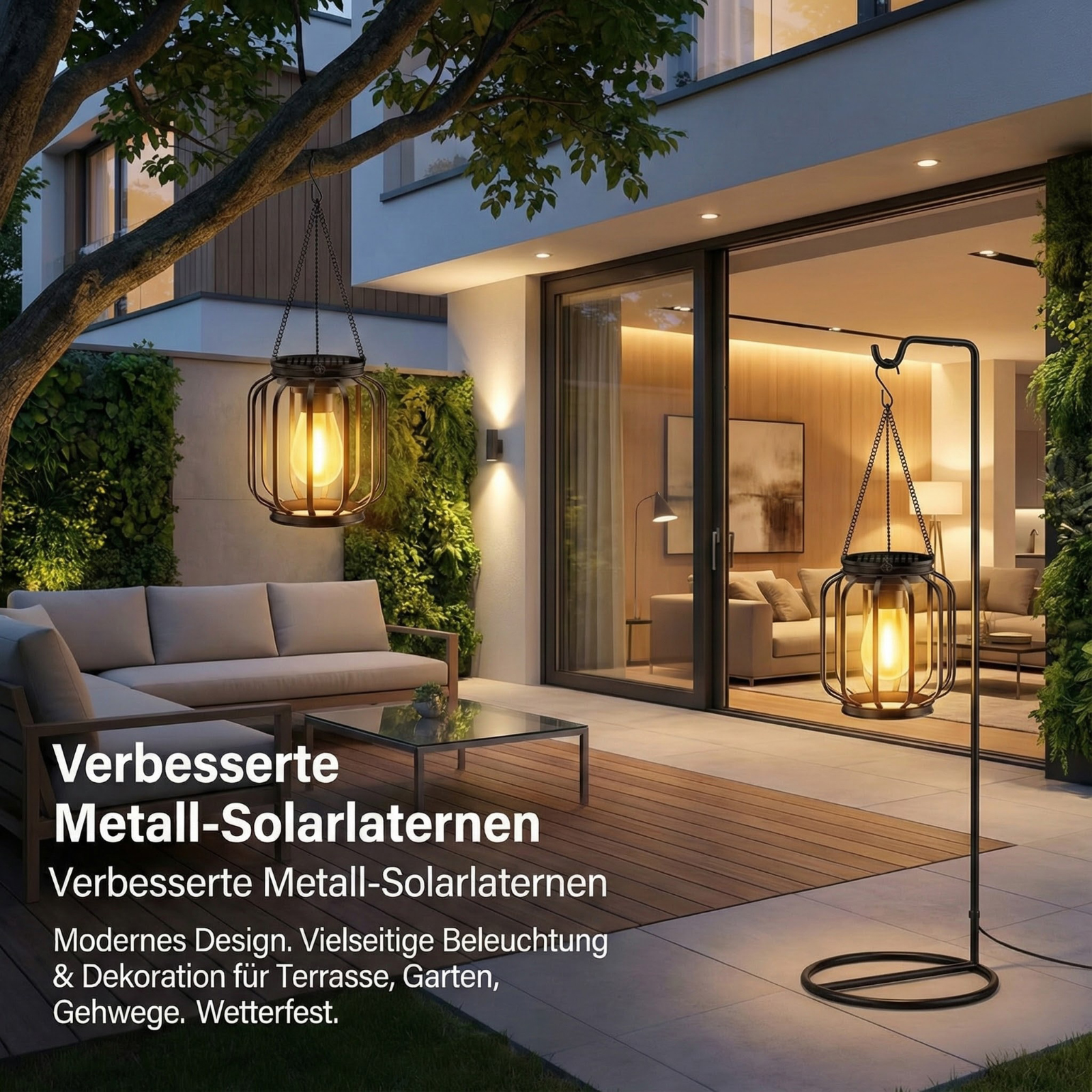 Außenszene mit Laternen, Baum und Möbeln. Text unten bewirbt Metall-Solar-Laternen.
