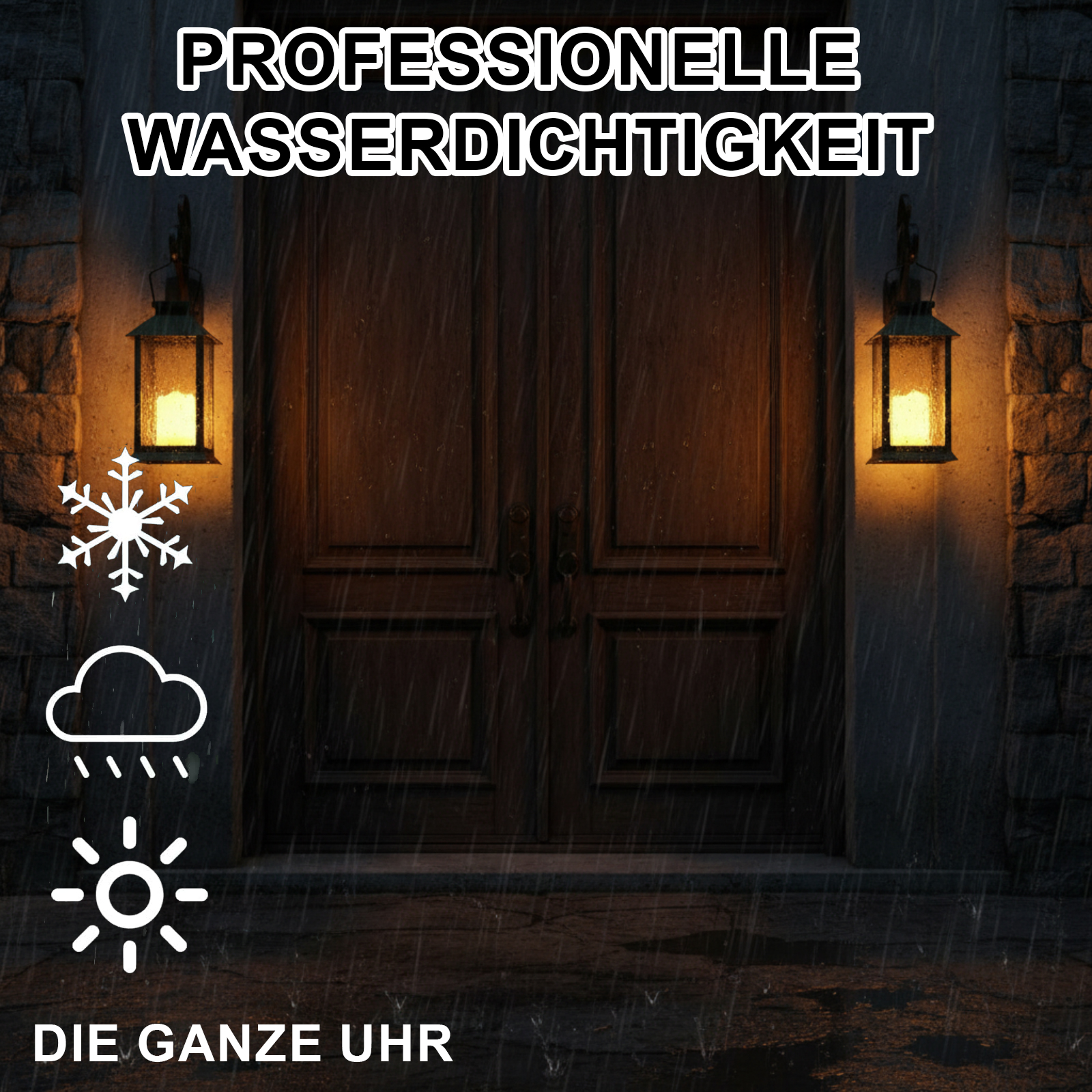 Eine dunkle Holztür mit zwei Laternen. Es regnet. Der Text lautet 'PROFESSIONELLE WASSERDICHTIGKEIT DIE GANZE UHR'.