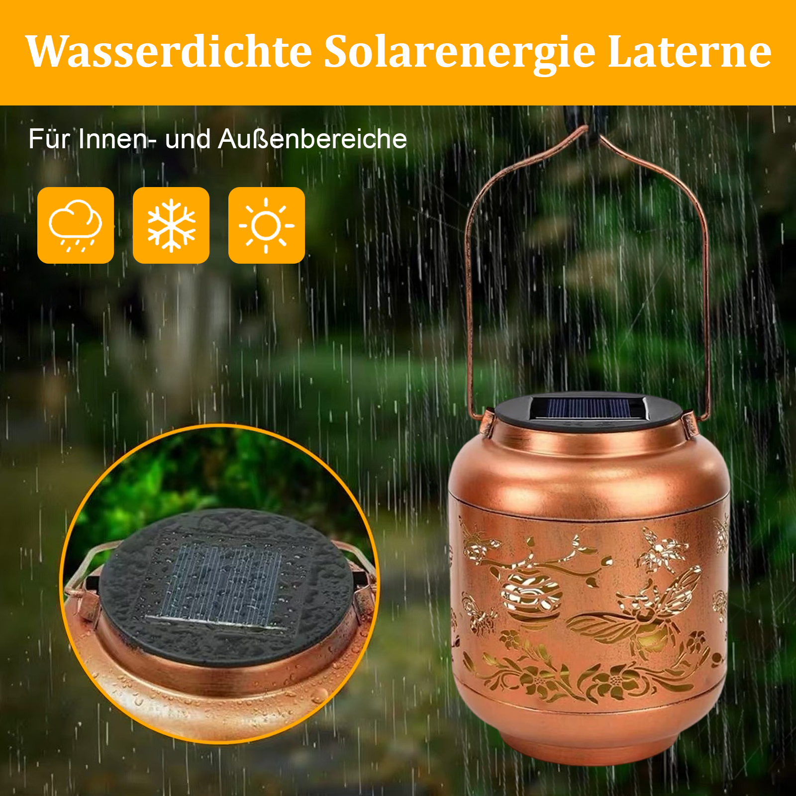 Kupferfarbene Solar Laterne mit Henkel. Mit dekorativen Aussparungen, einem Solarpanel und im Regen.