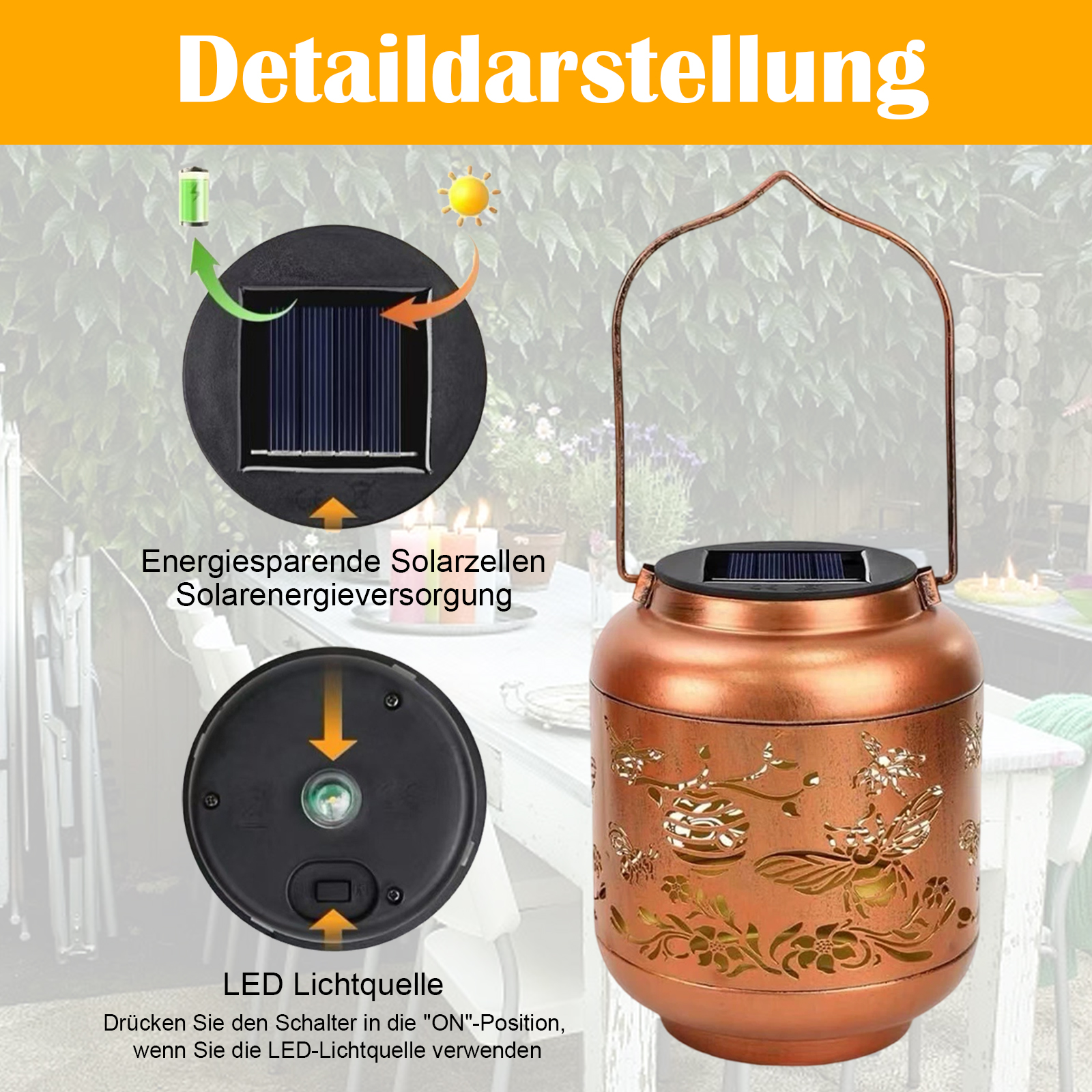Eine kupferfarbene SolarLaterne mit Blumenausschnitten und einem Griff. Details zeigen Solarpanel, Batterie und Schalter.