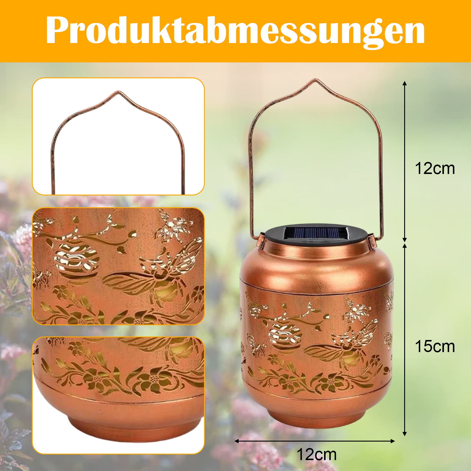 Eine bronzefarbene Solar-Laterne mit Bienen- und Blumenausschnitten. Sie hat einen Henkel und ist 15 cm hoch, 12 cm breit und 12 cm im Durchmesser.