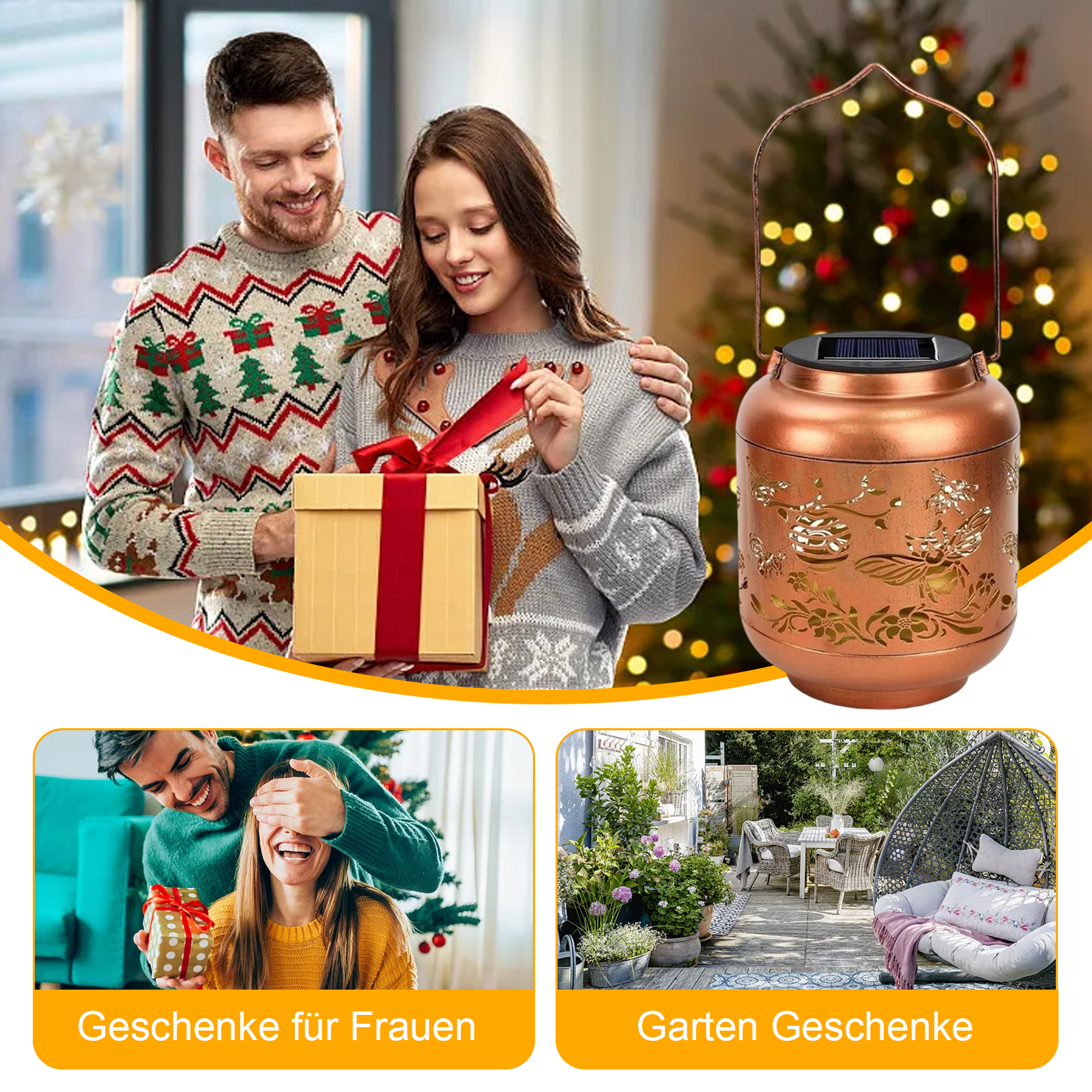 Ein Paar tauscht Geschenke aus. Eine Kupferlaterne und zwei untere Bilder mit Geschenken und Garten. Weihnachten.
