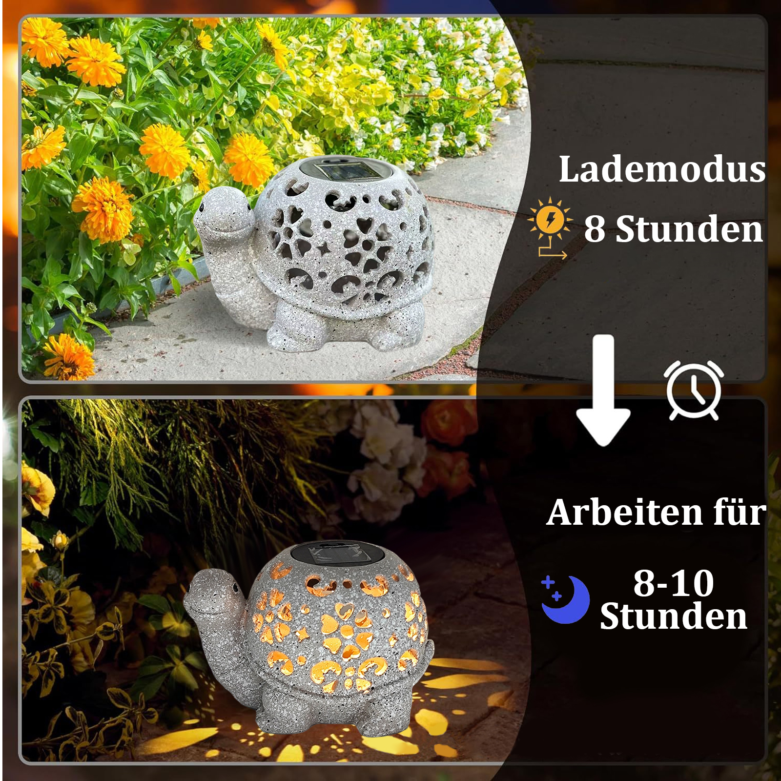 Eine Solar-Schildkrötenlampe im Garten, mit gelben Blumen und Text, der Lade- und Arbeitszeiten beschreibt.