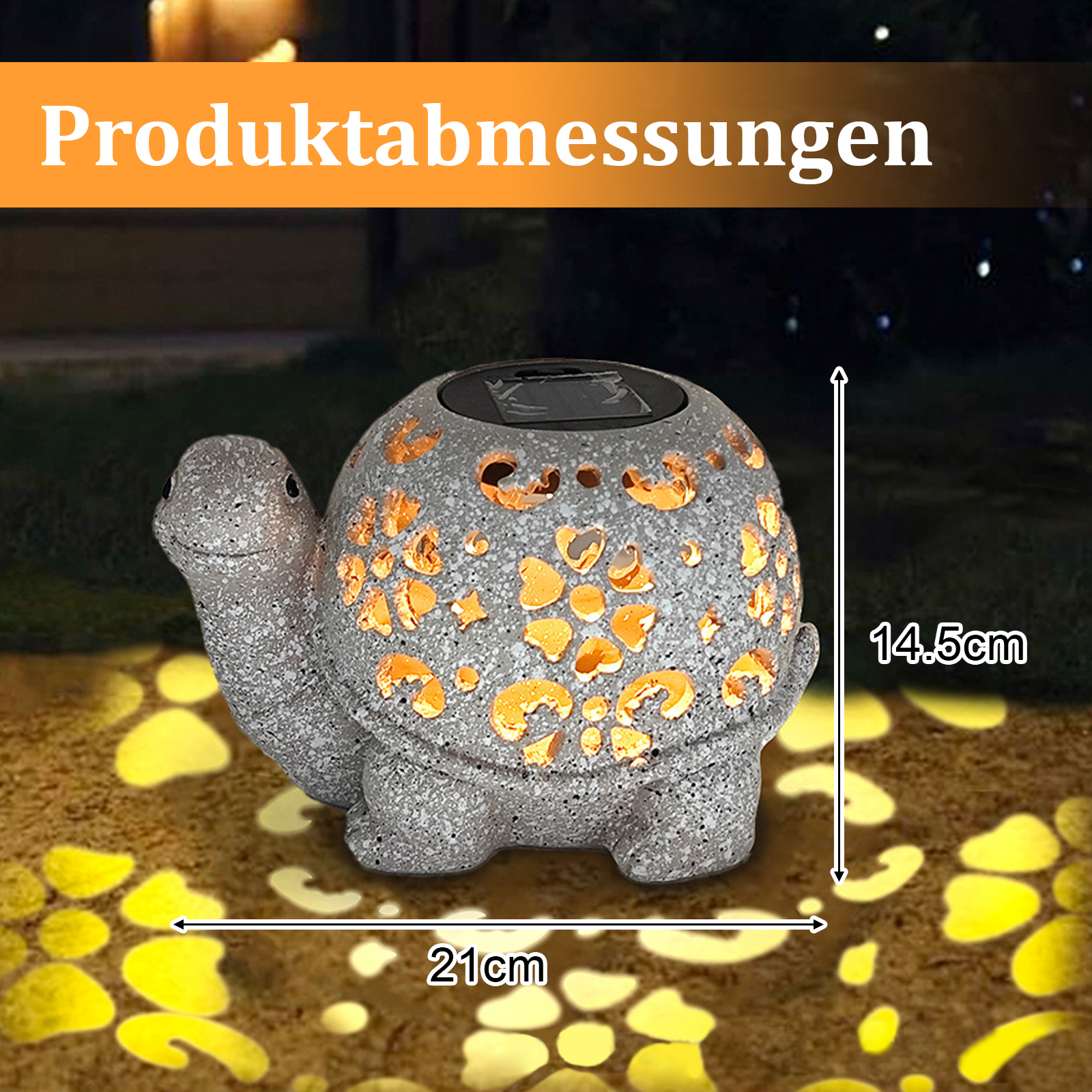 Eine graue, schildkrötenförmige Solarlampe mit orangen Lichtmustern. Maße: 21 cm x 14,5 cm. Gelbe Pfotenabdrücke am Boden.