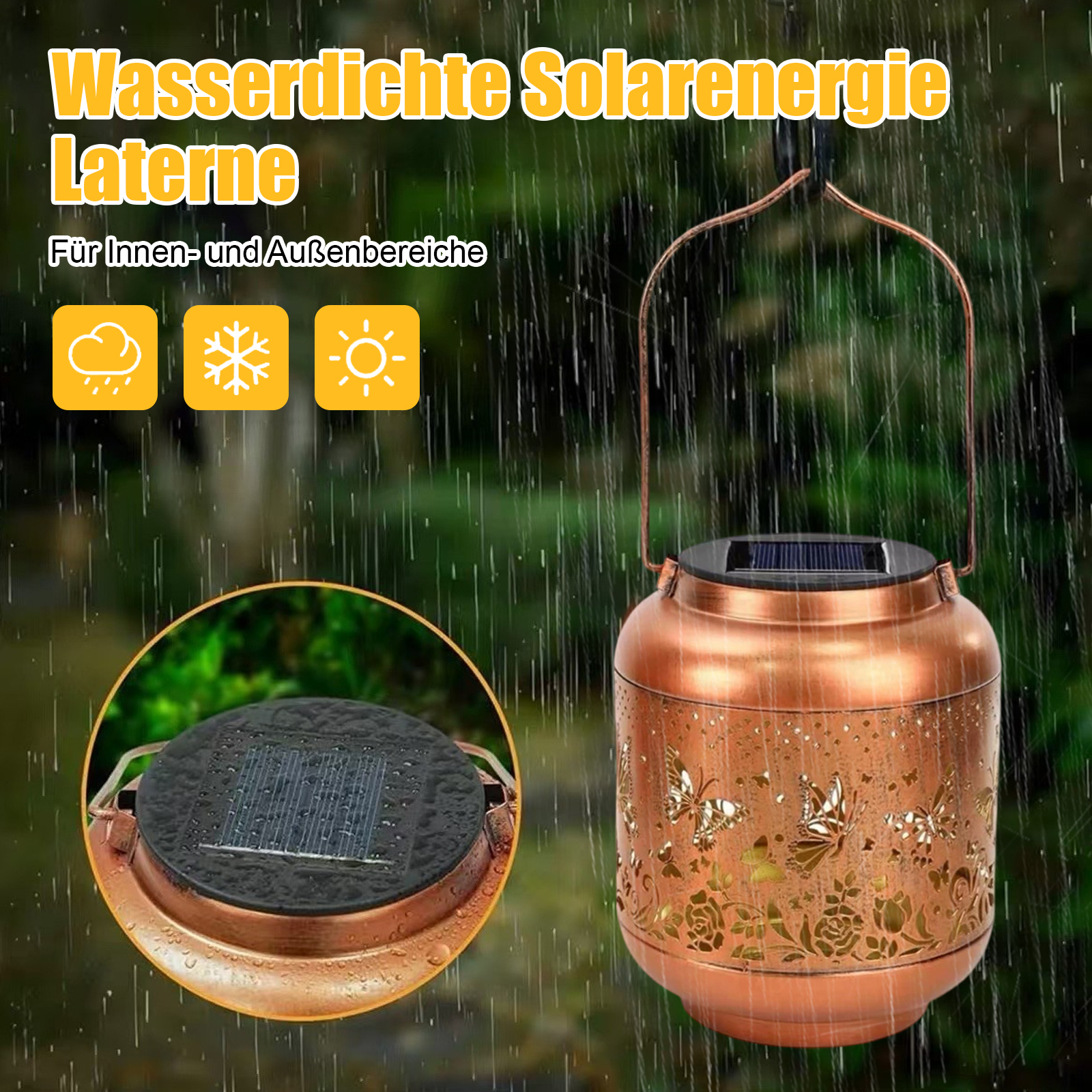 Kupferfarbene Solar-Laterne mit Schmetterlingsausschnitten, Regen-Effekt und Solarpanel-Oberteil. Text: 'Wasserdichte Solarenergie Laterne'.