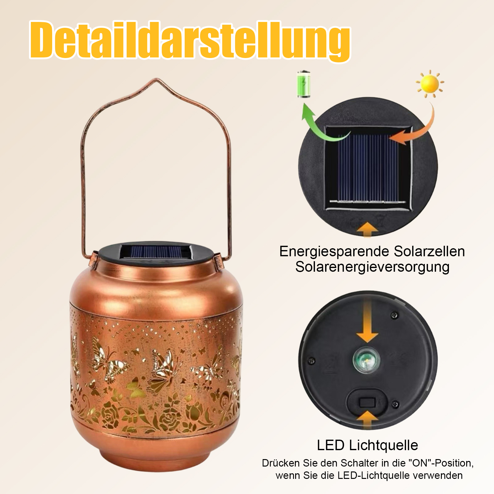 Kupfer-Solar-Laterne mit Schmetterlingsausschnitten, Solarpanel und Batterie-Illustration für Energiesparen.