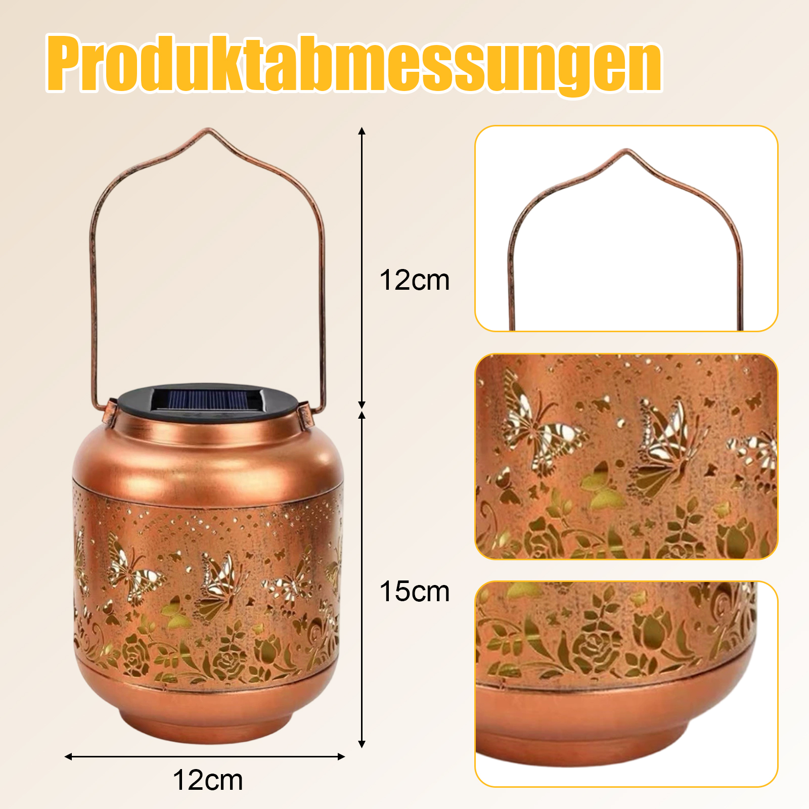 Kupferfarbene Solar-Laterne mit Schmetterlingsausschnitten, Griff und Maßen. 12 cm breit, 15 cm hoch.  Enthält Nahaufnahmen.