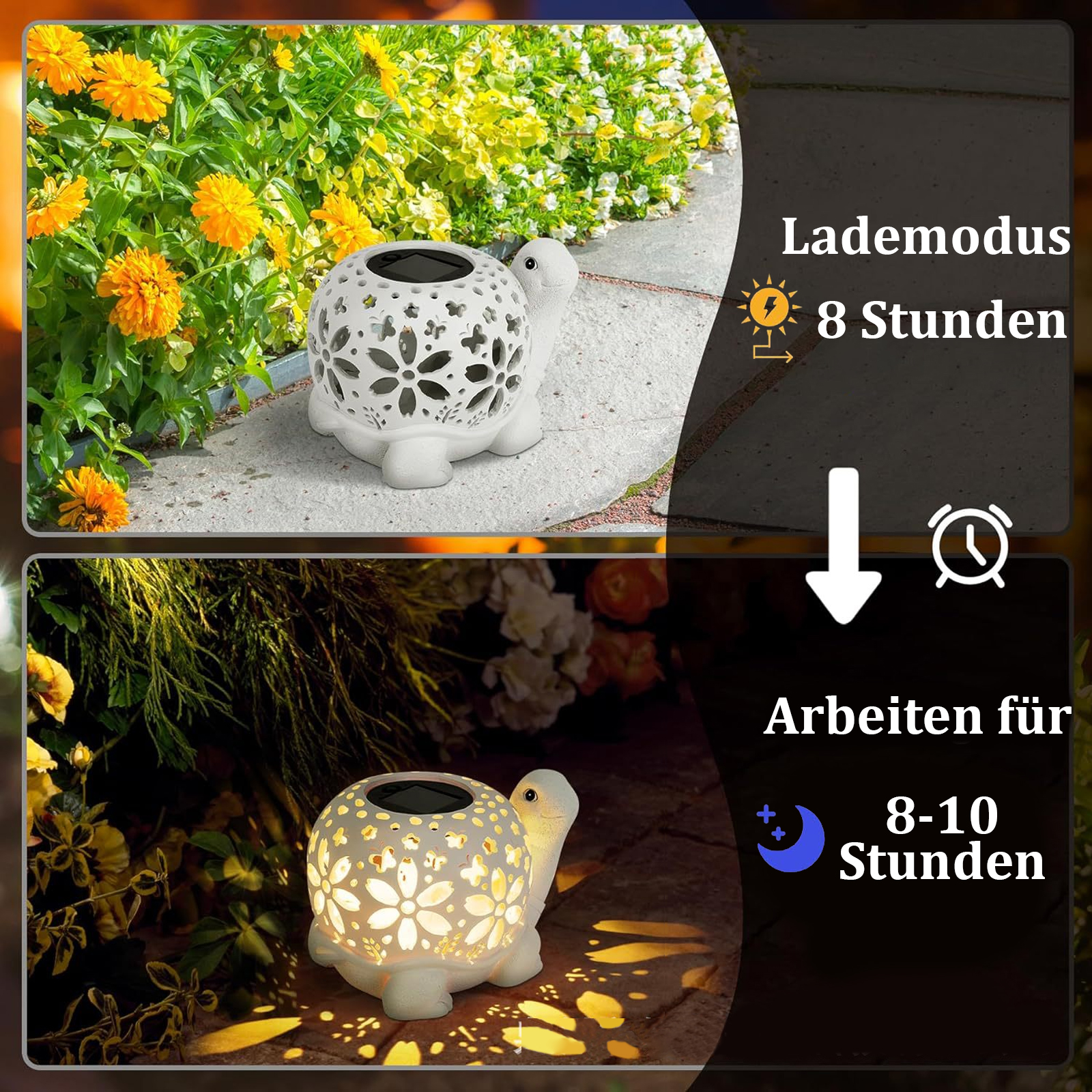 Eine weiße, schildkrötenförmige Solarleuchte steht in der Nähe von Blumen. Sie hat eine Ladezeit von 8 Stunden und arbeitet 8-10 Stunden lang.