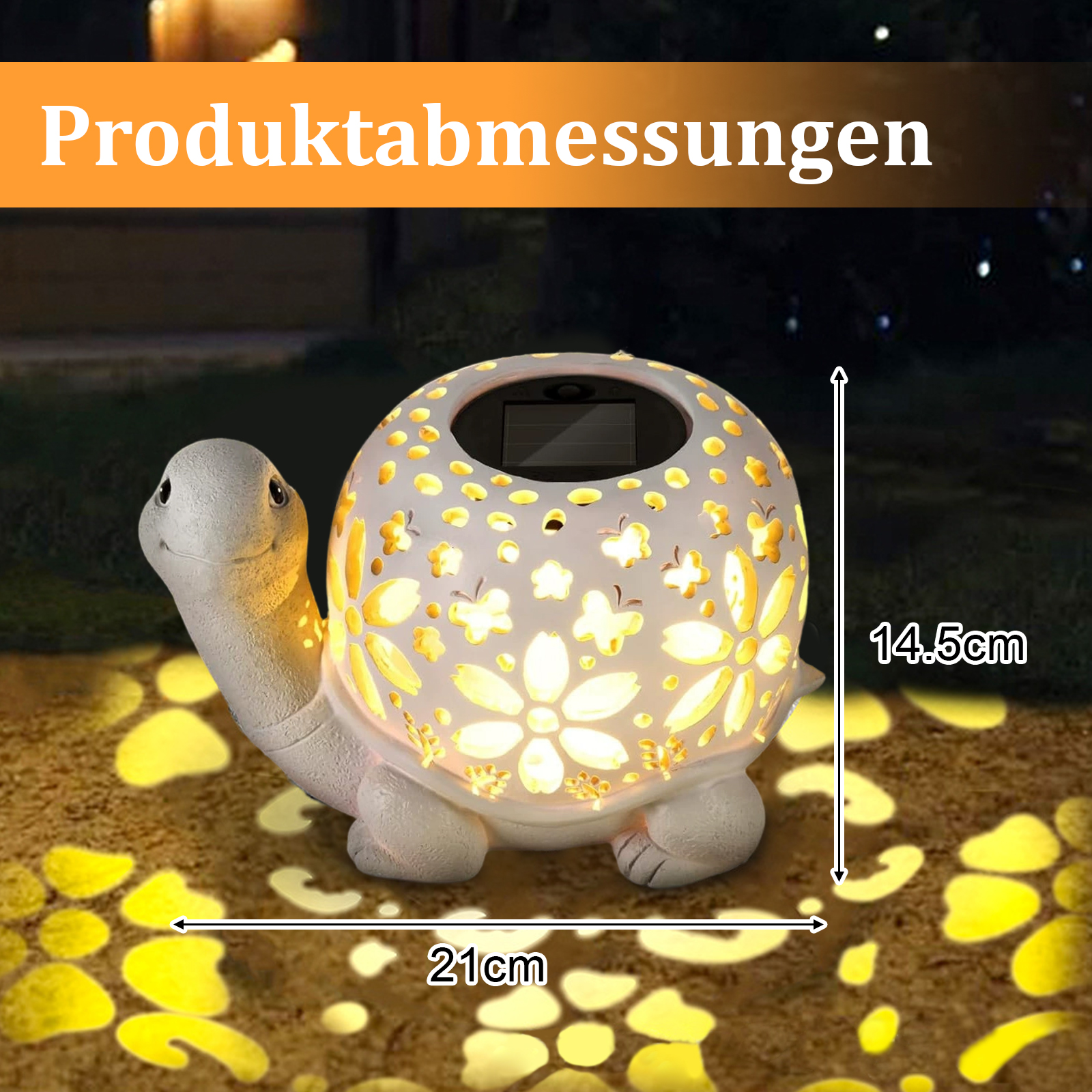Eine schildkrötenförmige Solarleuchte. Sie hat eine gemusterte Schale, und die Abmessungen werden angezeigt. Der Hintergrund ist eine verschwommene Nachtszene.