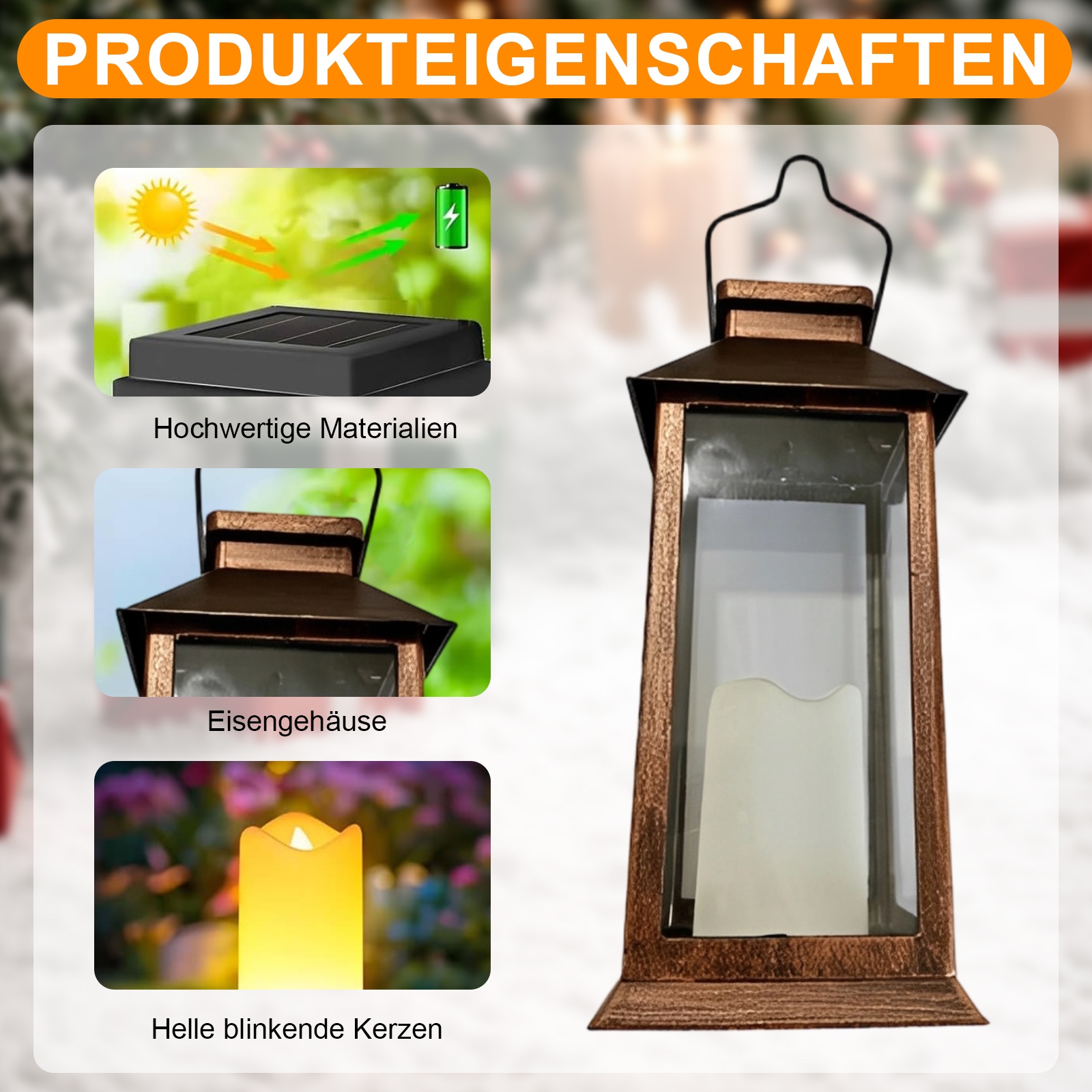 Eine bronzefarbene Laterne mit einer weißen Kerze. Merkmale: Solarpanel, Eisengehäuse und blinkendes Kerzenlicht.