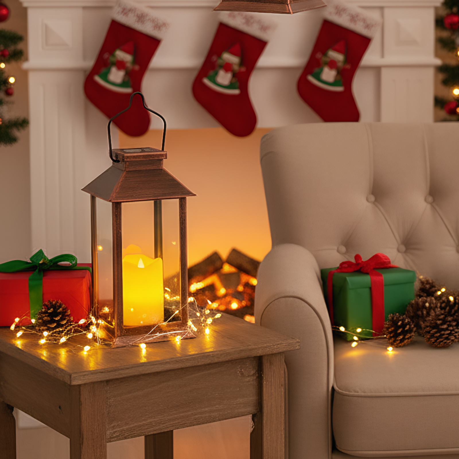 Eine Weihnachtsszene mit Laterne, Geschenken und Strümpfen. Im Hintergrund ein Kamin.
