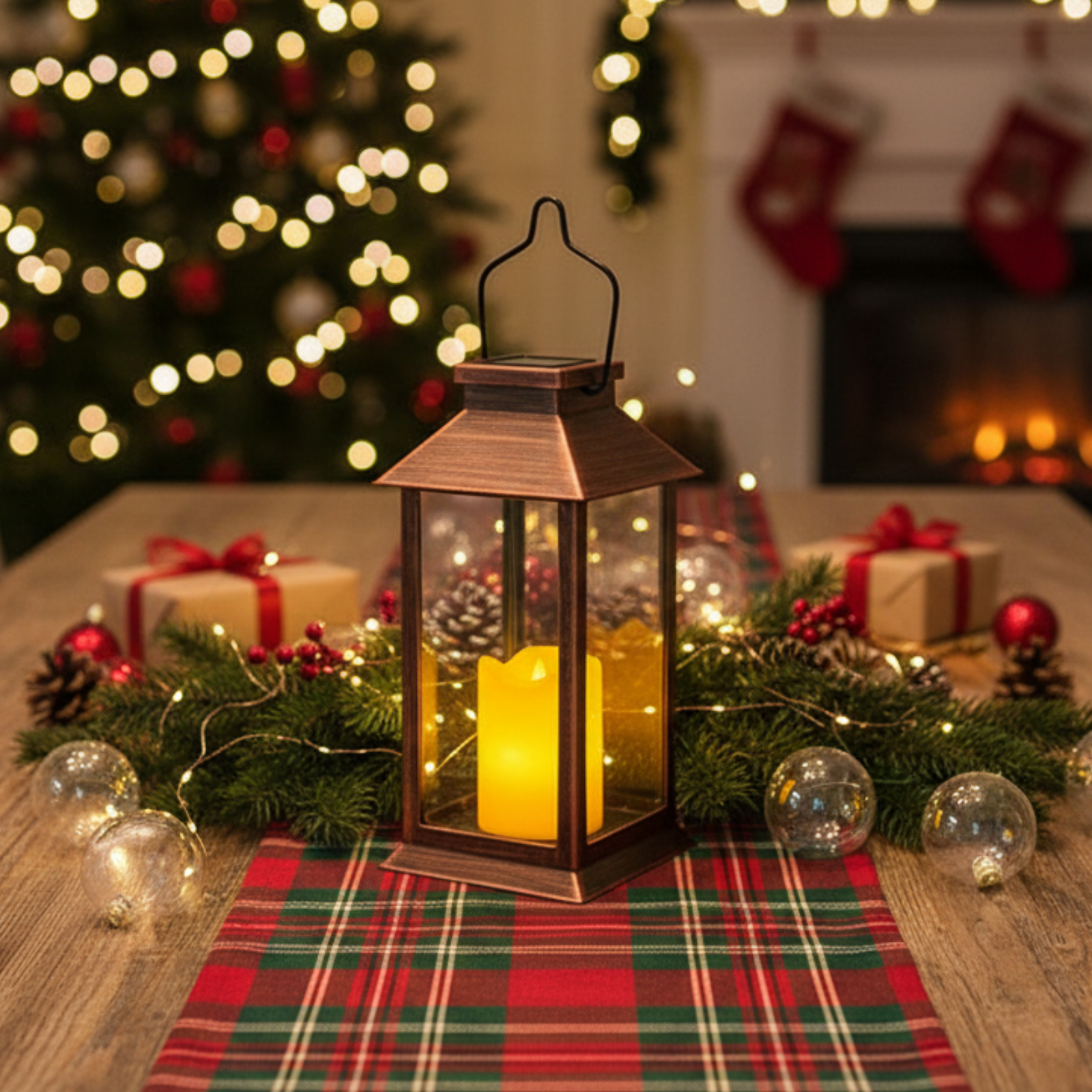 Eine beleuchtete Laterne auf einem karierten Läufer mit Weihnachtsdekorationen, einem Baum und einem Kamin im Hintergrund.