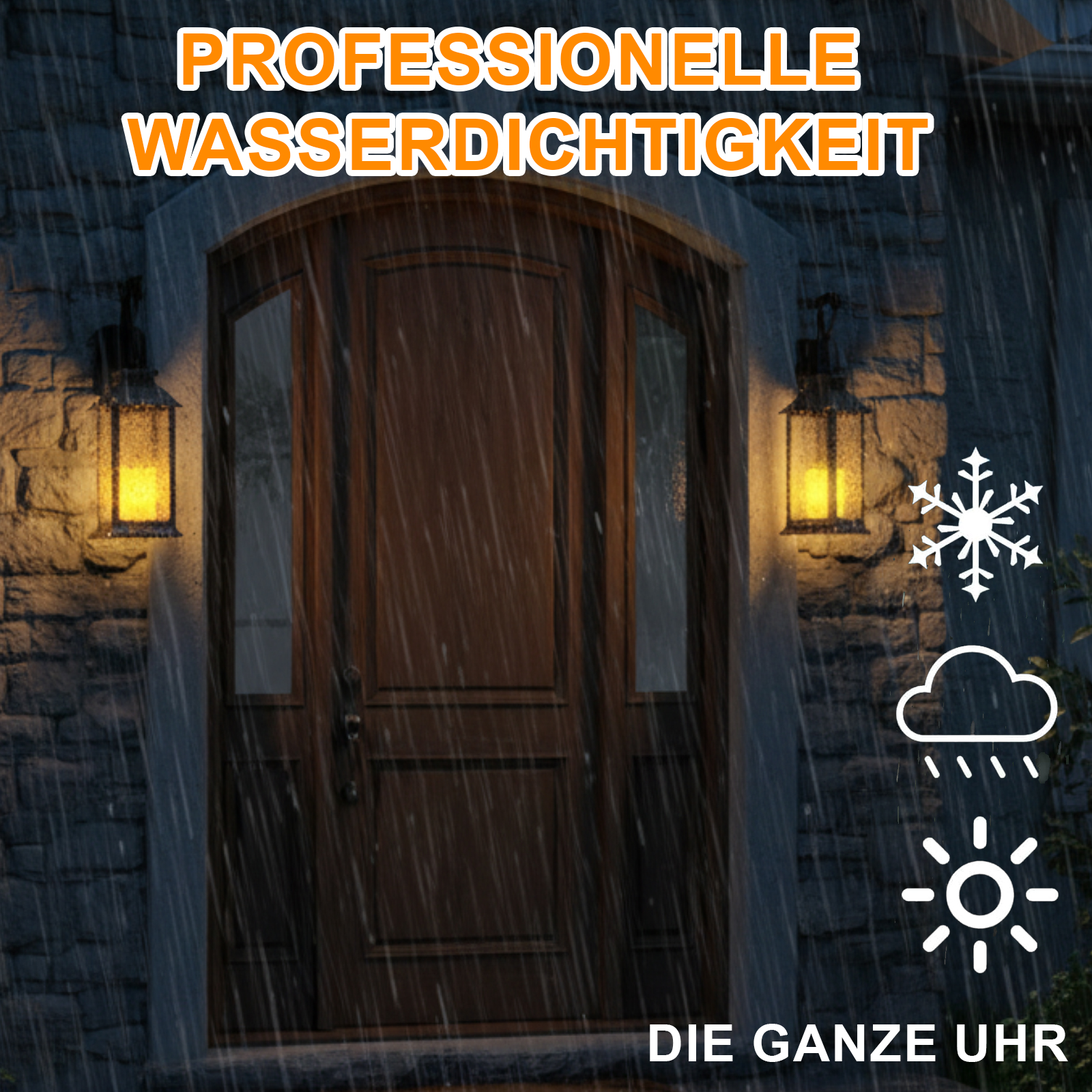 Eine Holztür mit Lichtern und Regen. Der Text oben lautet "PROFESSIONELLE WASSERDICHTIGKEIT", unten "DIE GANZE UHR".