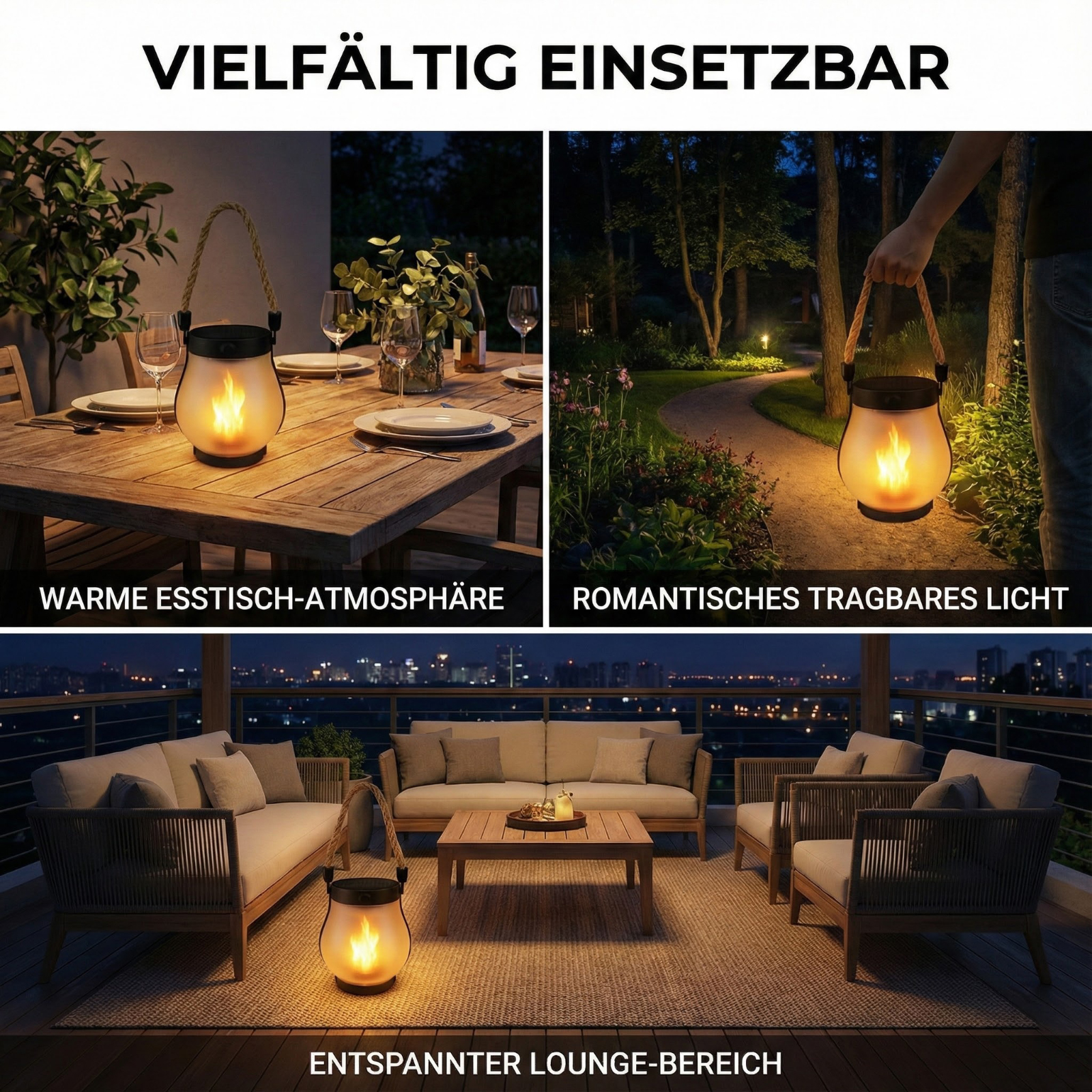 Das Bild zeigt eine Laterne in drei verschiedenen Umgebungen, darunter eine Tischdekoration, ein Weg und ein Loungebereich.