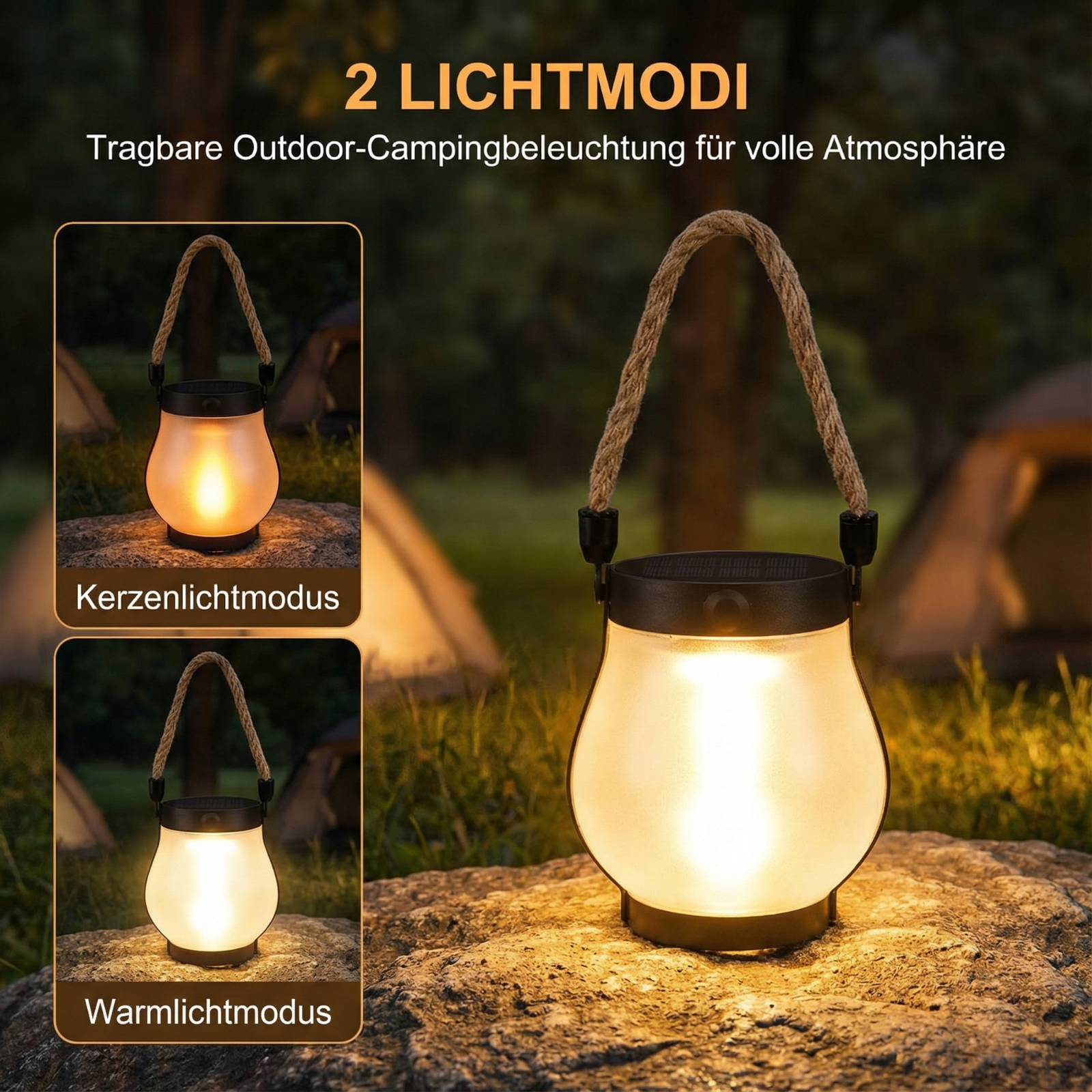 Eine leuchtende Laterne mit Seilgriff auf einem Felsen. Zwei Lichtmodi werden gezeigt. Zelte sind im Hintergrund.