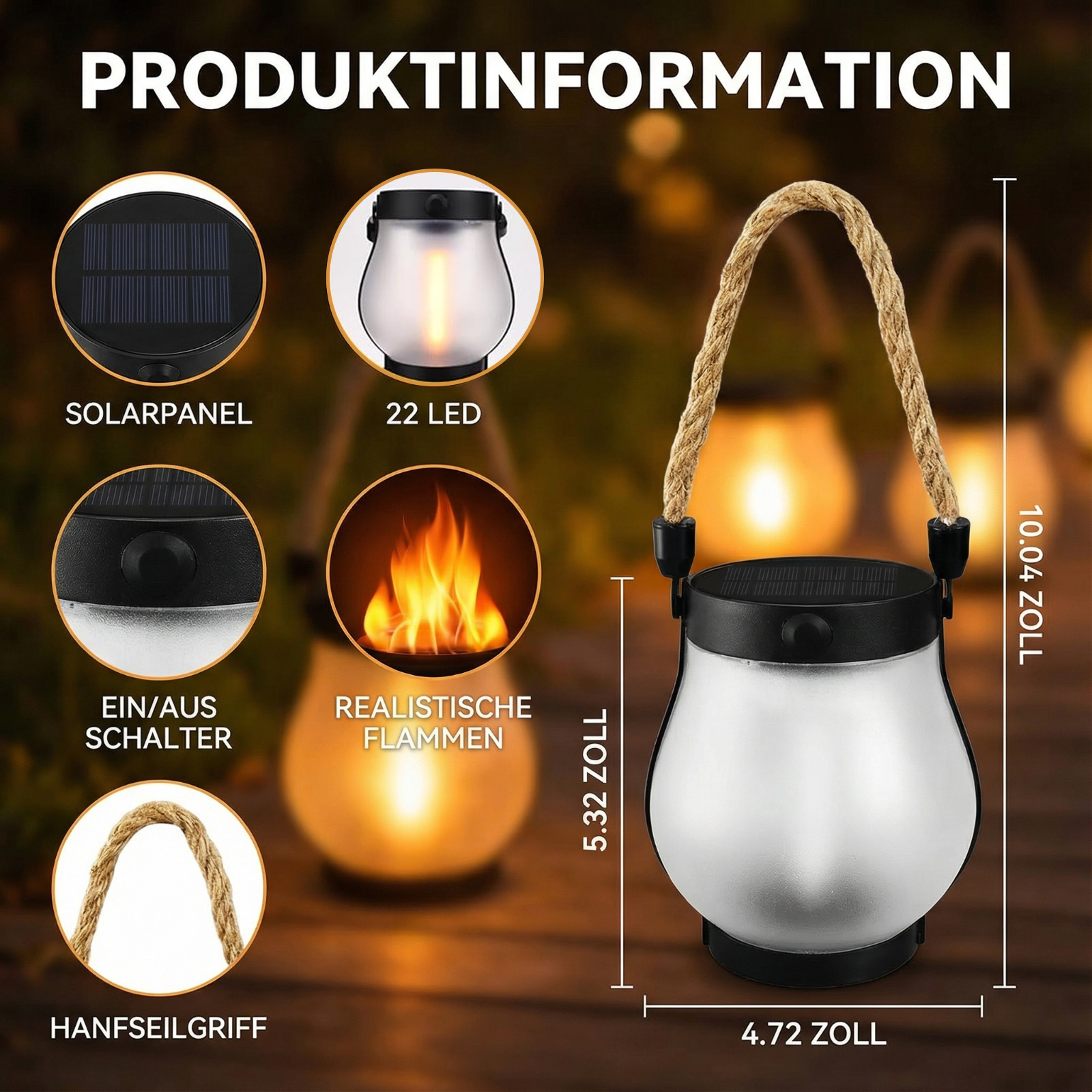 Eine Solar laterne mit Seilgriff, Abmessungen und Etiketten: Solarpanel, 22 LED, Ein/Aus-Schalter, realistische Flammen und Hanfseilgriff.
