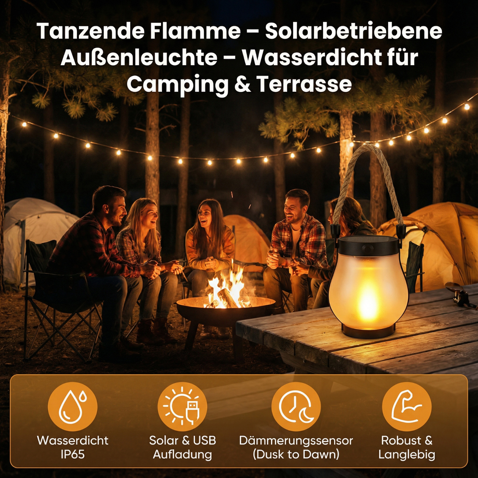 Freunde am Lagerfeuer bei Nacht. Eine Laterne steht auf einem Tisch, im Hintergrund Zelte.