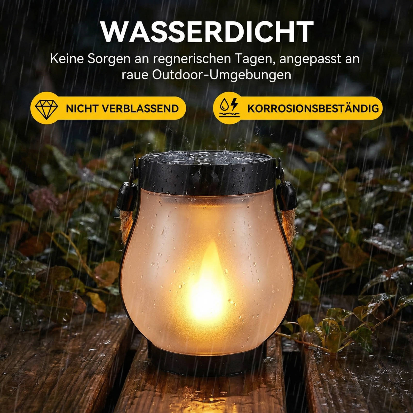 Eine leuchtende Laterne auf einer Holzoberfläche im Regen. Der Hintergrund zeigt Grün.