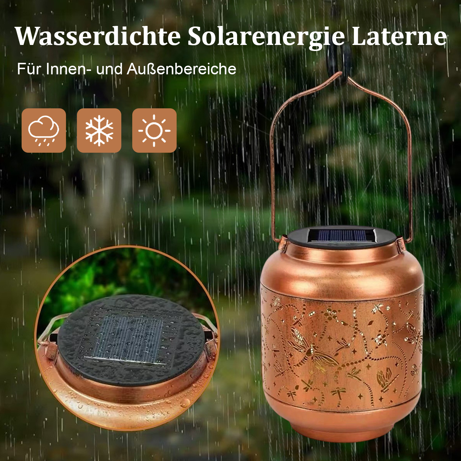 Kupferfarbene Solar-Laterne mit Libellenmuster unter Regen. Enthält ein Solarpanel.