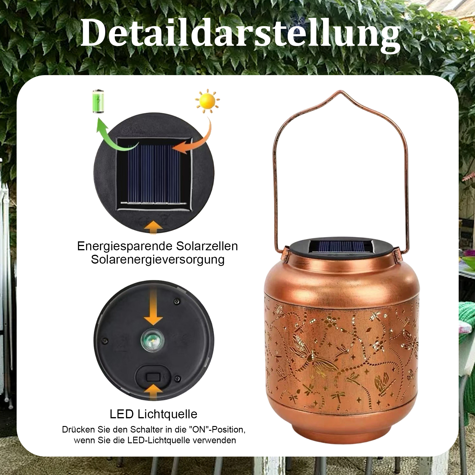 Kupferfarbene Solar-Laterne mit Libellen-Ausschnitten. Sie hat einen Griff und ein Solarpanel. Anweisungen sind ebenfalls vorhanden.