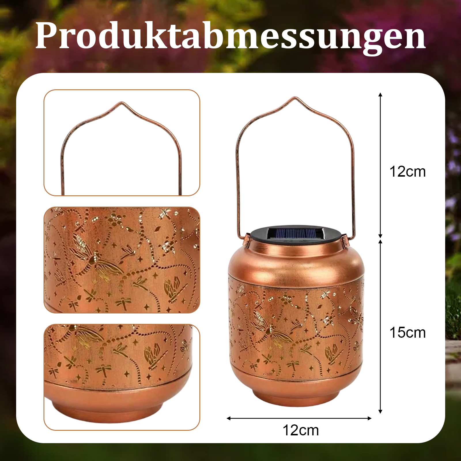 Bronzefarbene Solar-Laterne mit Libellen-Ausschnitten. Sie hat einen Griff, ein Solarpanel und Abmessungen von 12x15x12cm.