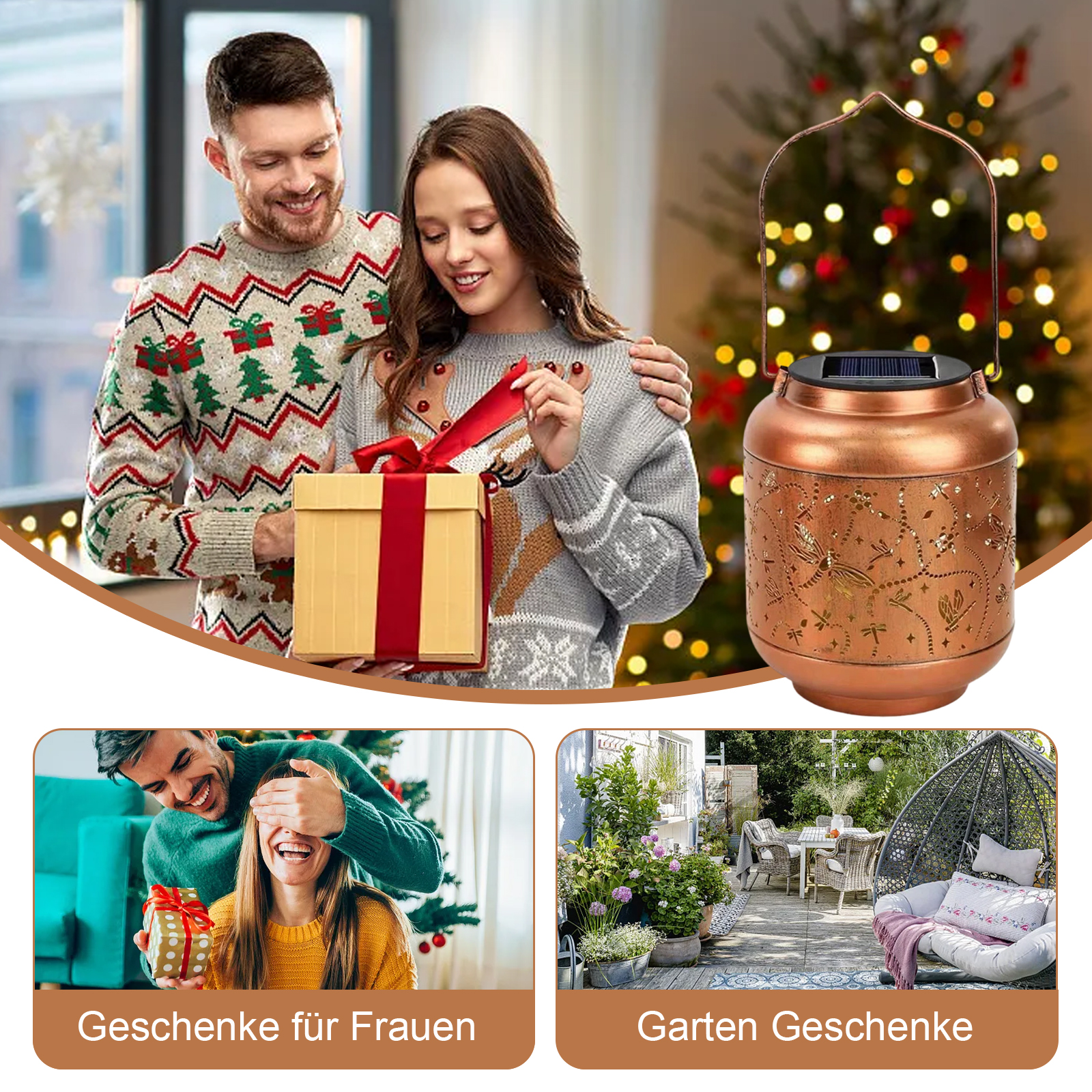 Ein Paar tauscht Geschenke aus, eine dekorative Laterne und zwei kleinere Bilder mit Text über Geschenke und Gartengeschenke.