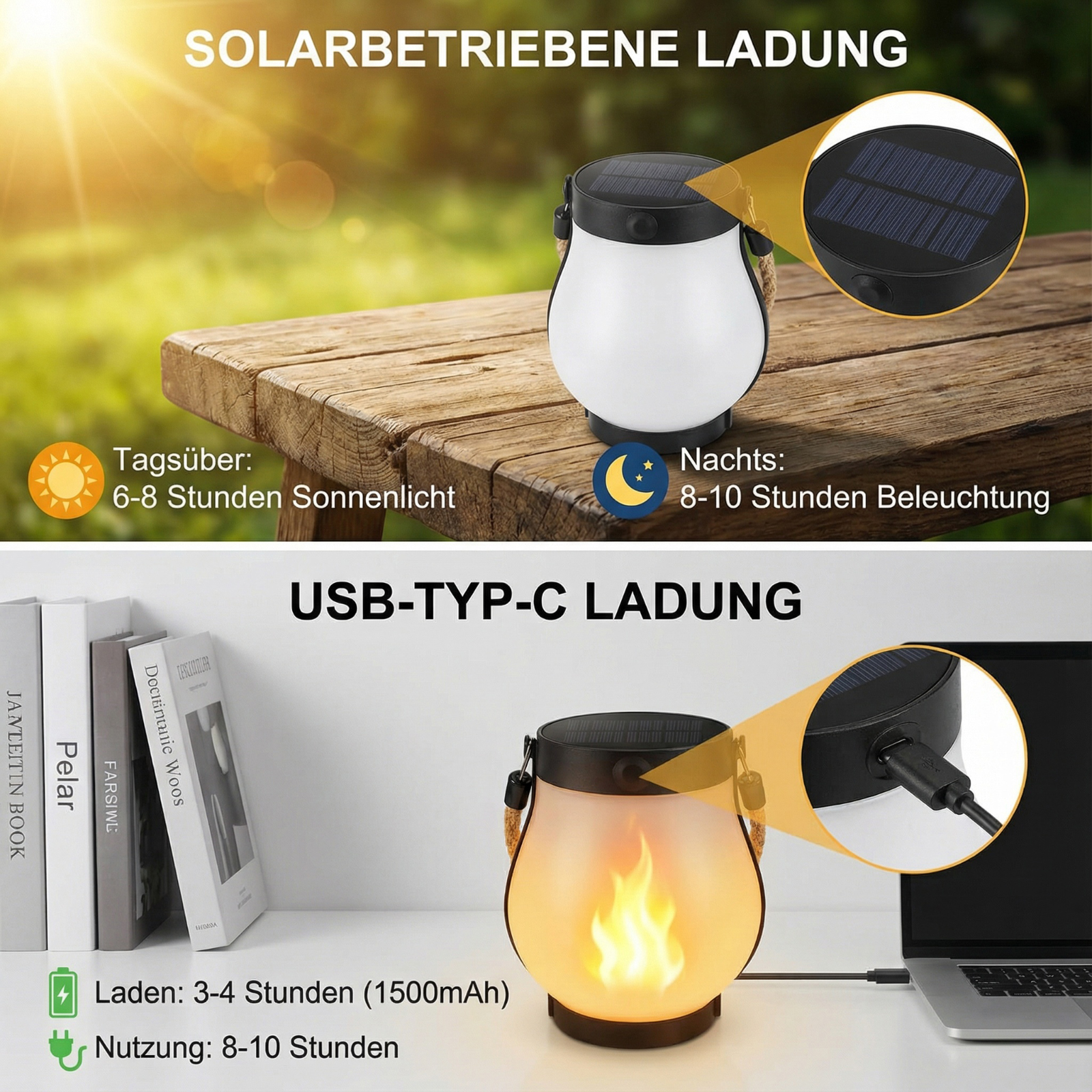 Eine solarbetriebene Laterne auf einem Holztisch. Die Laterne ist weiß mit einem schwarzen Oberteil. Bücher und ein Laptop sind sichtbar.