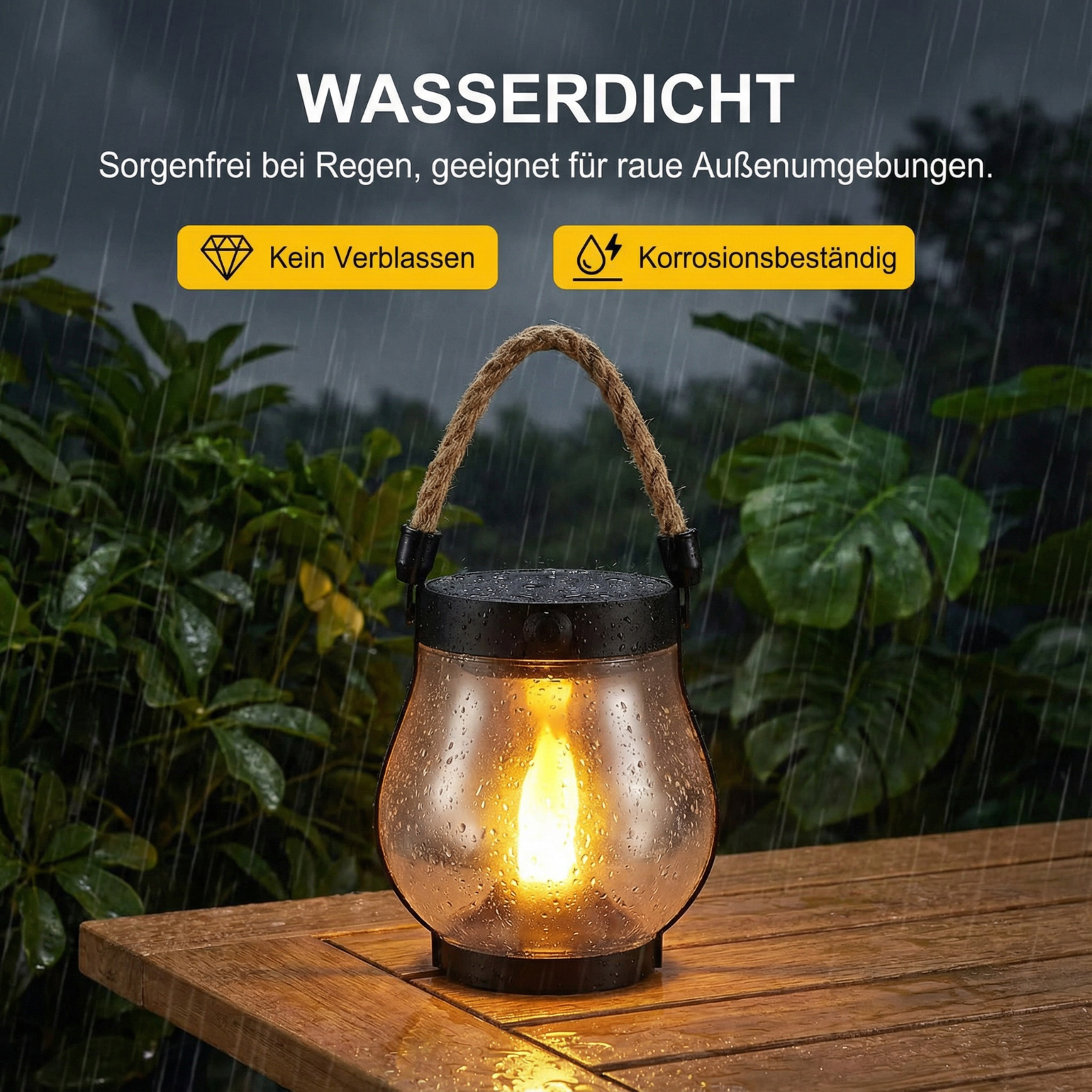 Eine Laterne mit warmem Schein steht im Regen auf einem Holztisch. Im Hintergrund ist grünes Laub.