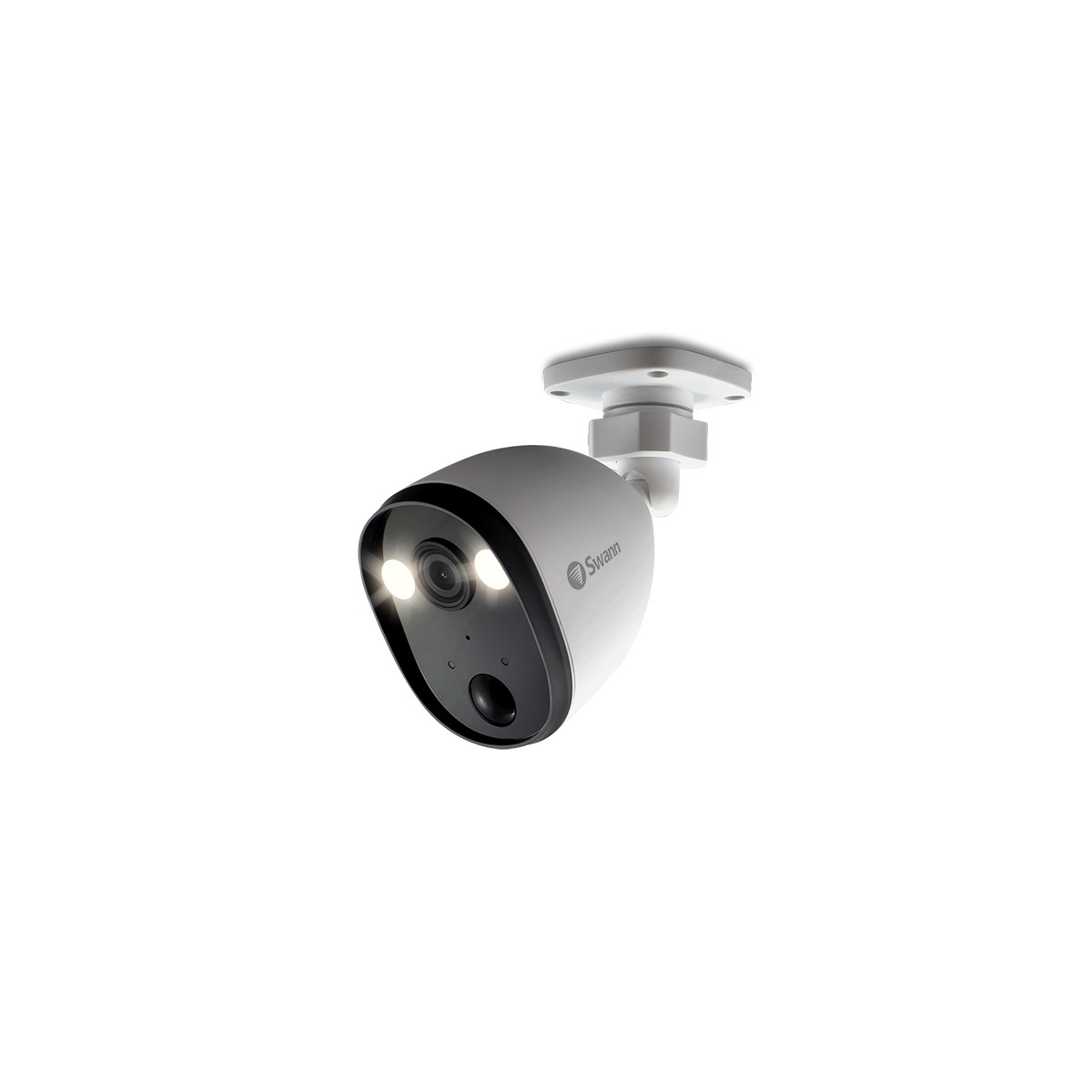Una telecamera di sicurezza bianca e nera è montata su una superficie bianca. Ha una forma arrotondata con lente e due luci.
