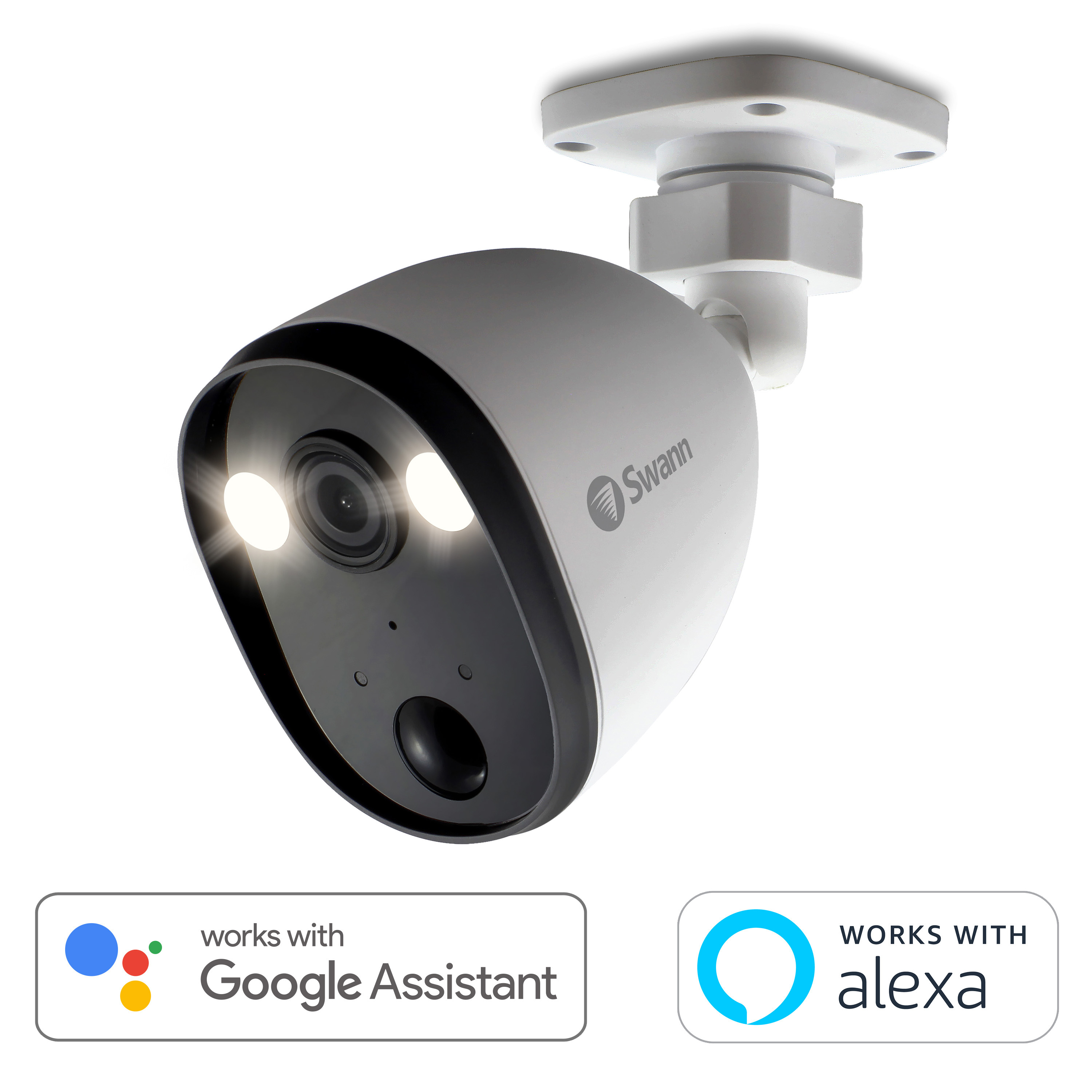 Biała kamera bezpieczeństwa Swann, czarny przód, jasne światła. Współpracuje z Asystentem Google i Alexą.