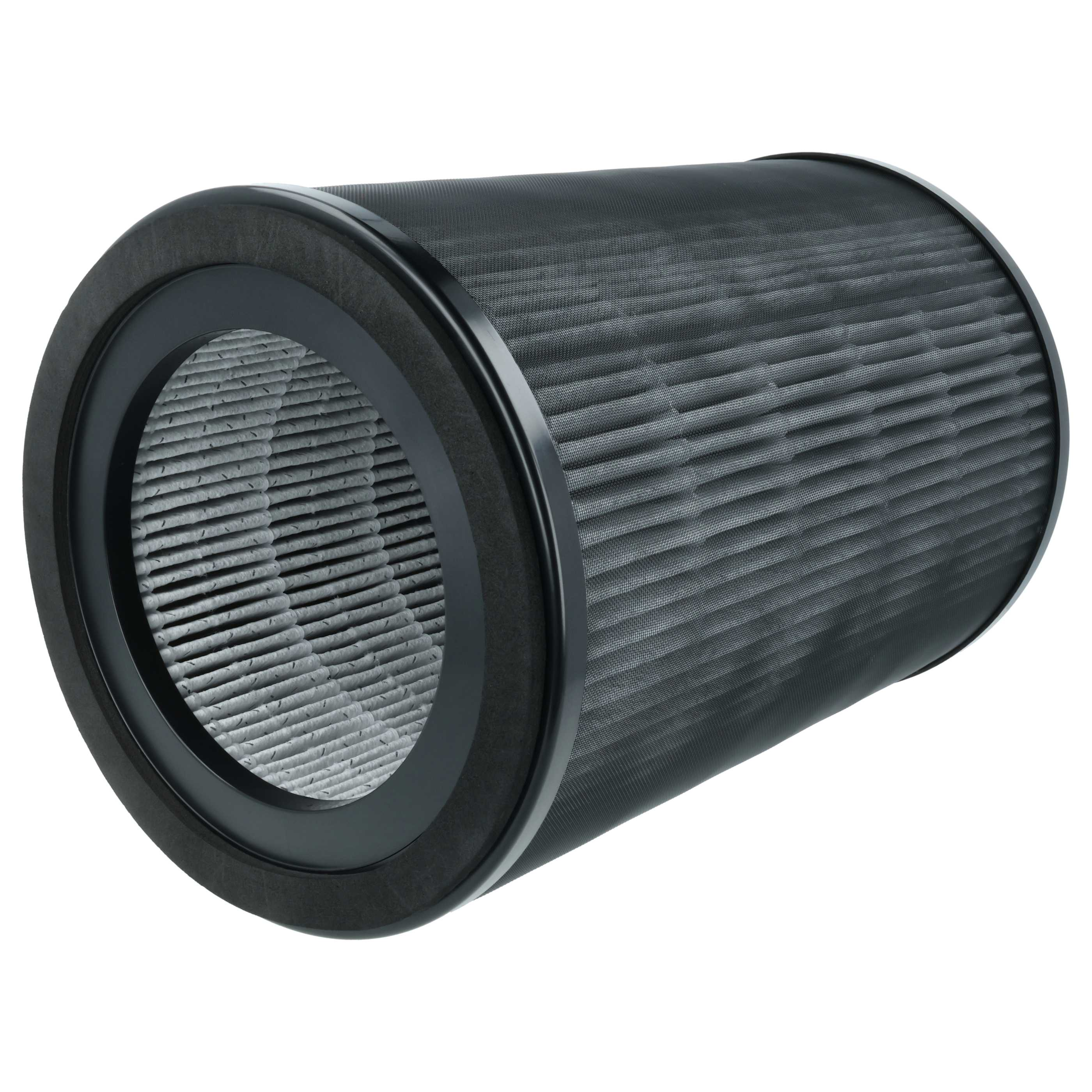 Ein zylindrischer Luftfilter mit schwarzem Rahmen und Netzoberfläche. Der Filter hat eine gefaltete Innenstruktur.
