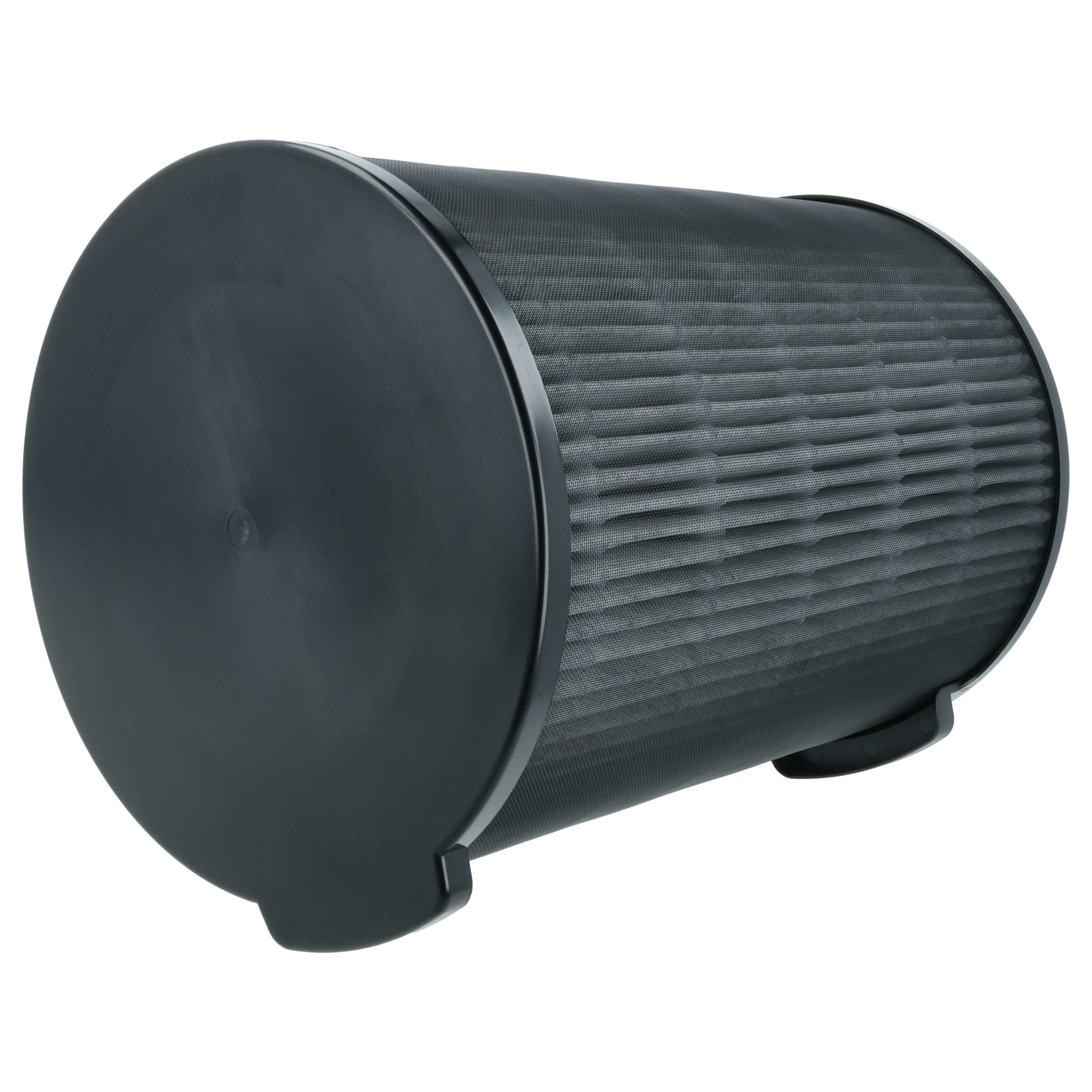 Ein zylindrischer Luftfilter in Dunkelgrau, mit Netzstruktur und schwarzen Endkappen, der horizontal liegt.