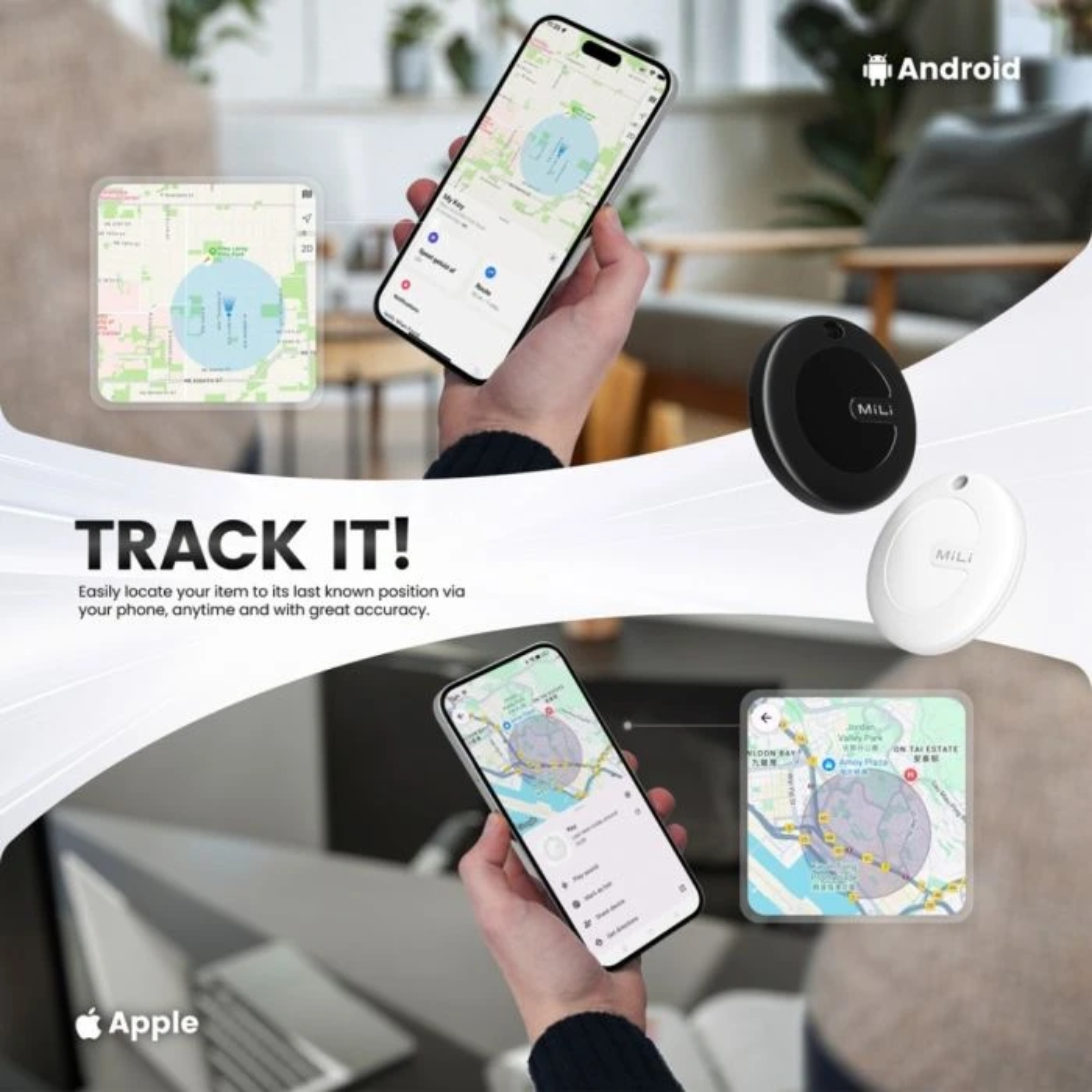 Image shows tracking devices with phones displaying maps. Black and white trackers are visible.