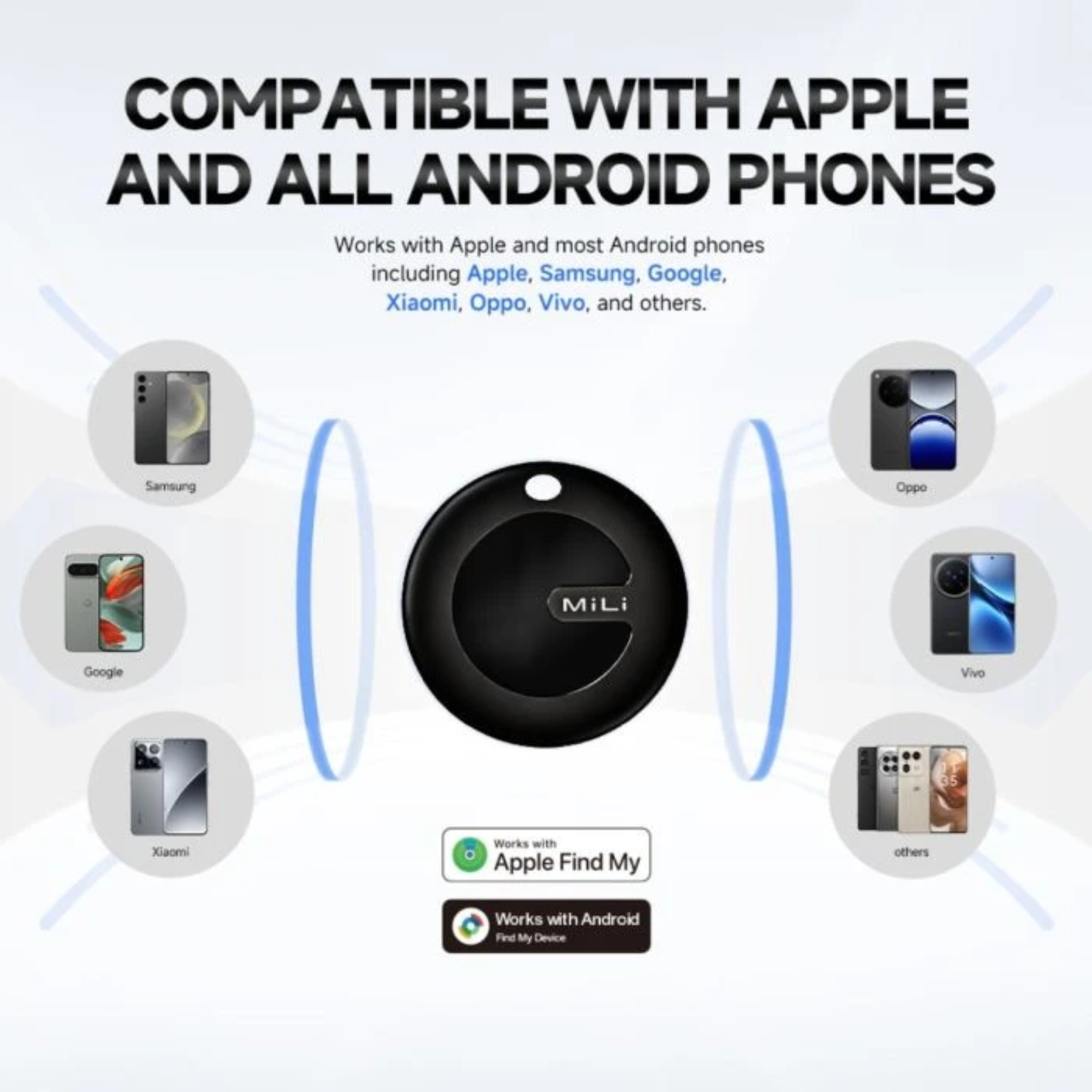 Image shows a black circular tracker compatible with Apple and Android phones, with phone brands displayed around it.
