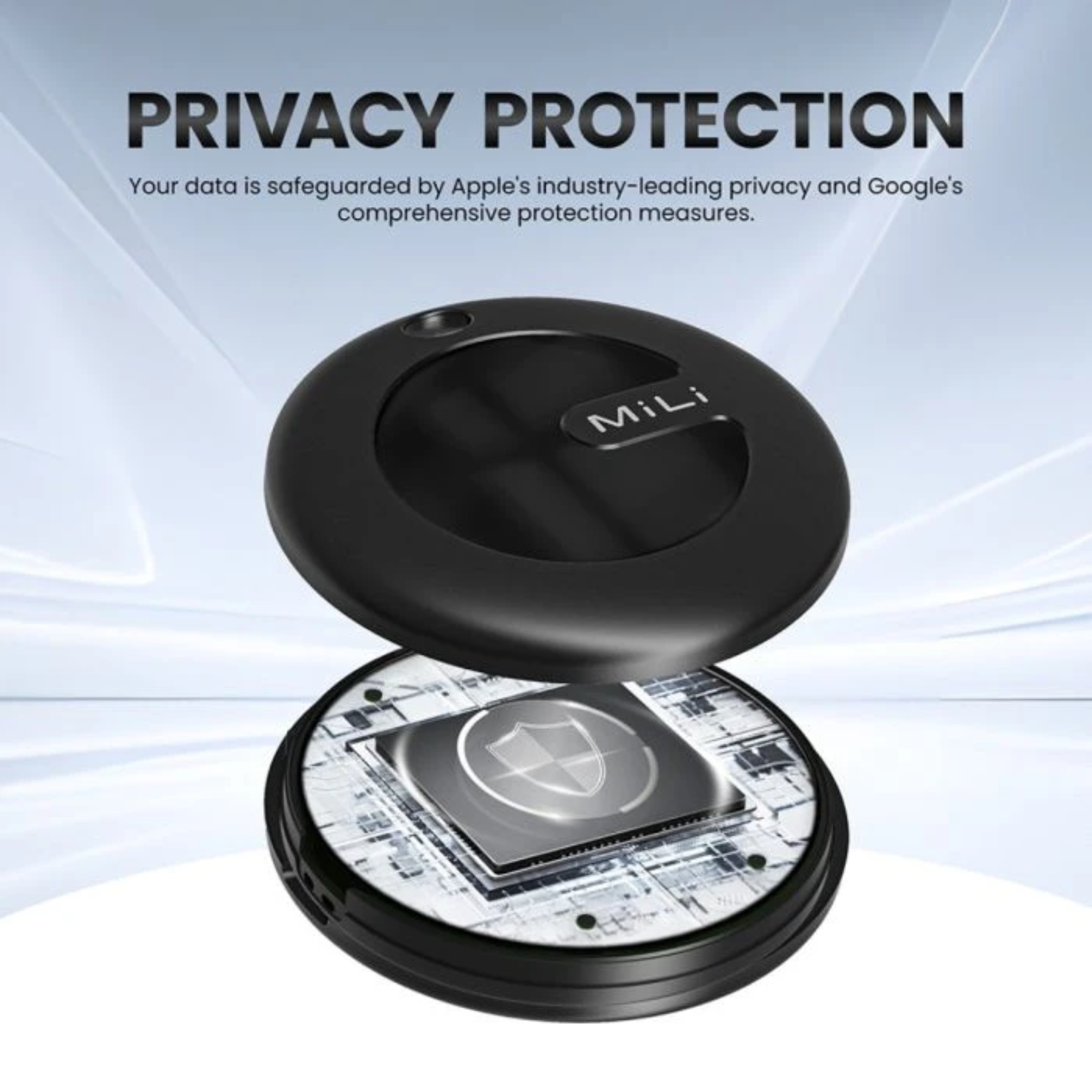 Black MiLi device with an open lid, showing a circuit board with a shield icon. Text reads 'PRIVACY PROTECTION'.