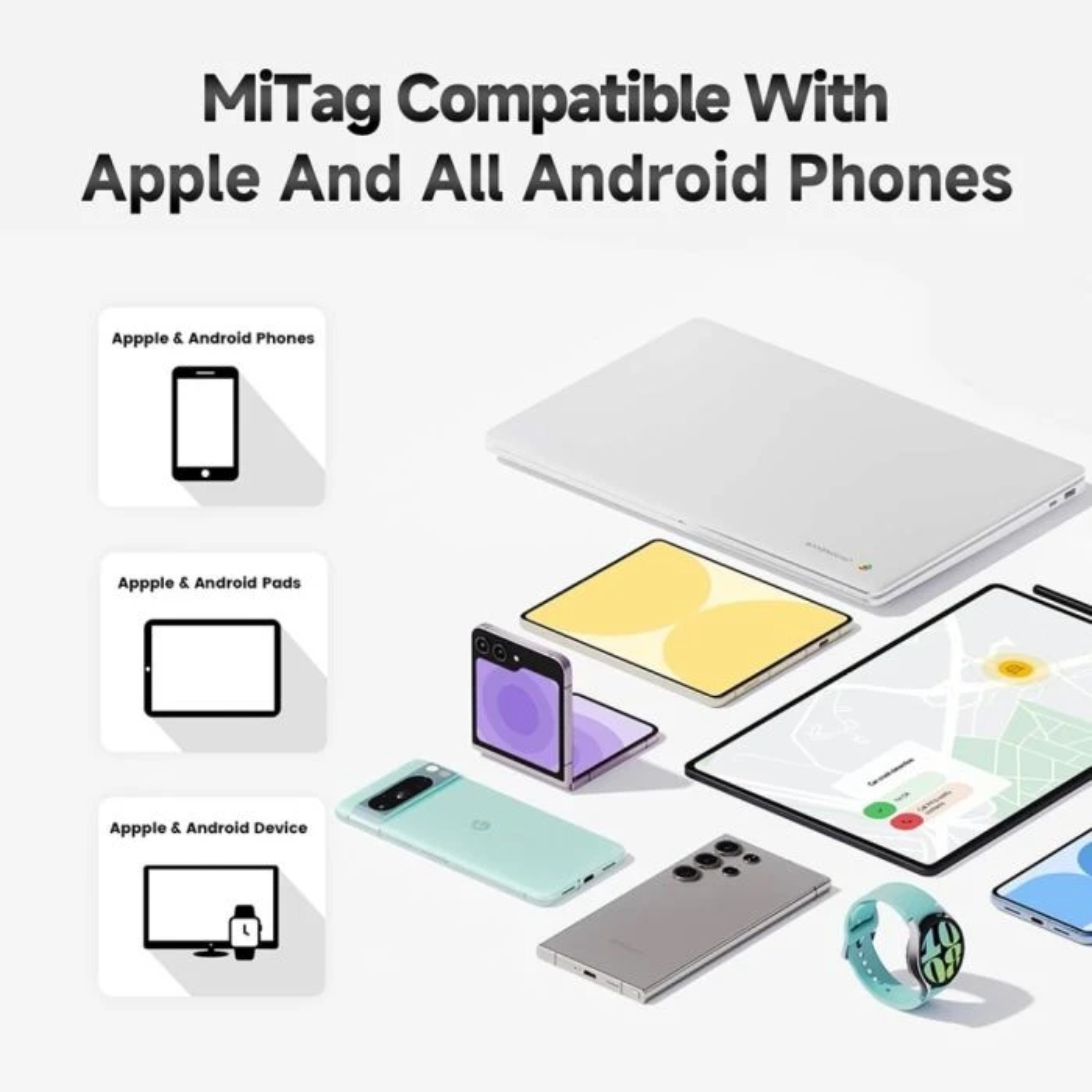 Image shows devices, including phones, tablets, and a watch, with the text 'MiTag Compatible With Apple And All Android Phones'.