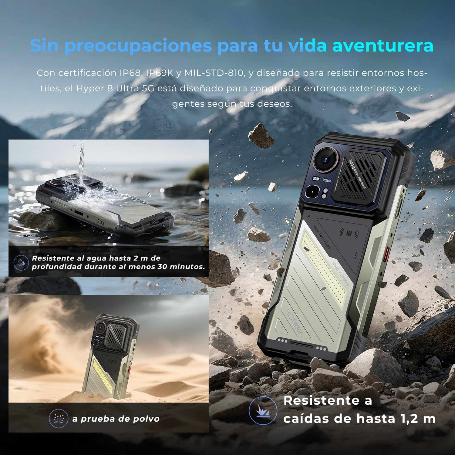 Teléfono resistente en agua y rocas. Texto en español, funda con funciones: impermeable, a prueba de polvo y resistente a caídas.