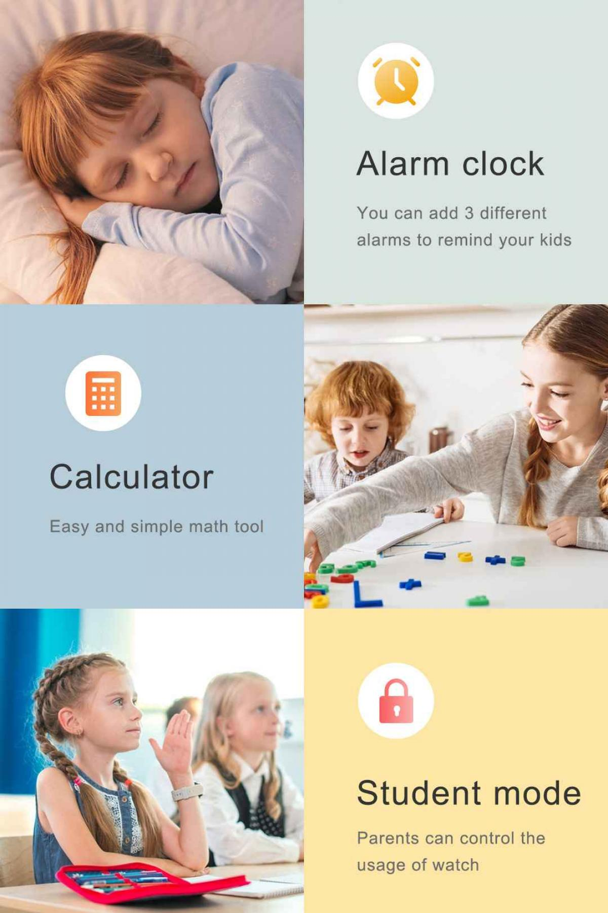 Das Bild zeigt einen Wecker, einen Taschenrechner und einen Schülermodus. Kinder spielen mit Formen. Ein Mädchen schläft. Ein anderes hebt die Hand.