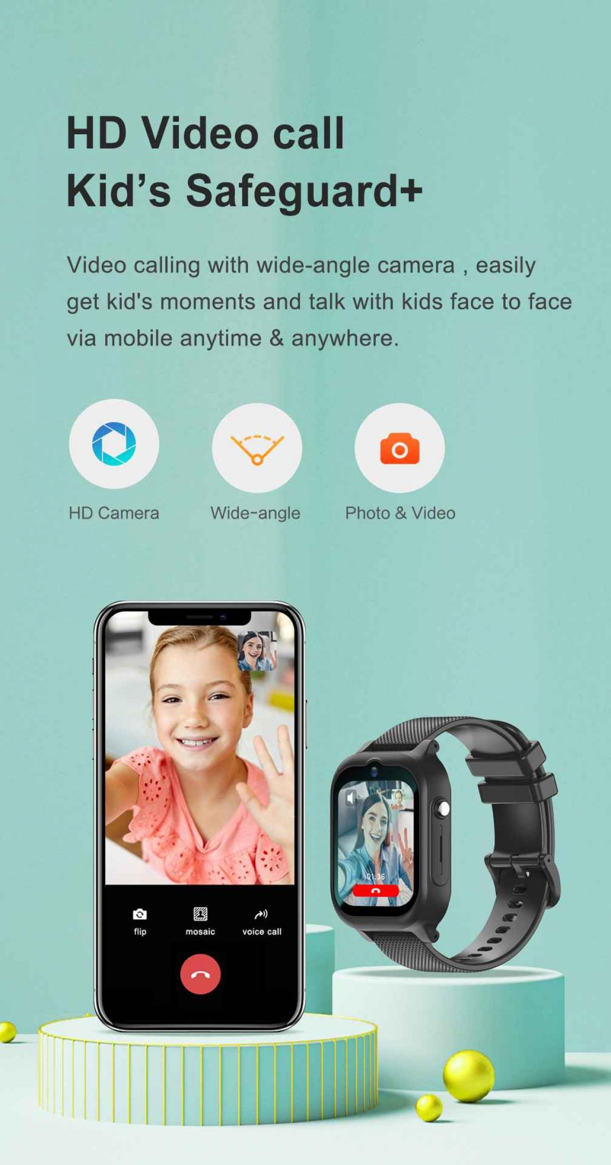 Das Bild zeigt eine Videoanruf-Oberfläche auf einem Telefon und einer Smartwatch, mit einem Kind und einem Erwachsenen auf den Bildschirmen.