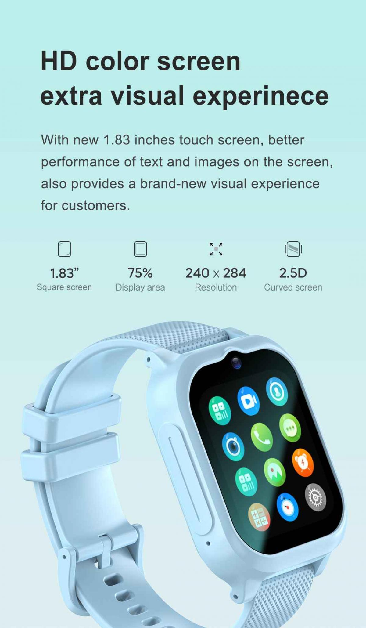 Eine hellblaue Smartwatch mit Touchscreen zeigt App-Symbole, Text über Bildschirmgröße und Auflösung und Marketingtext.