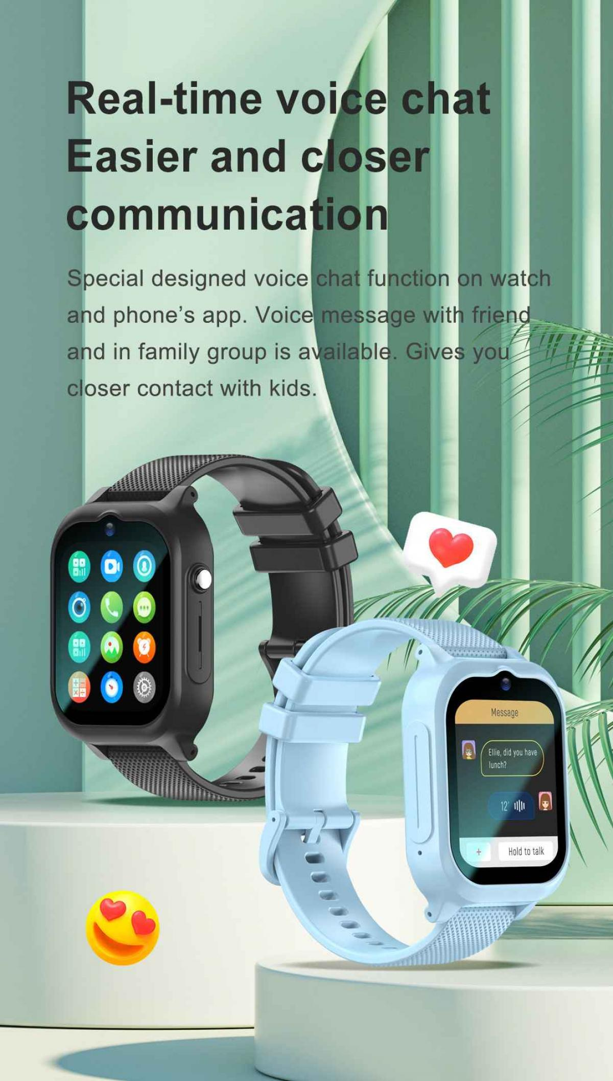 Das Bild zeigt Smartwatches in Schwarz und Blau, mit einem Herzsymbol und einer Textblase. Die Uhren haben Touchscreens.