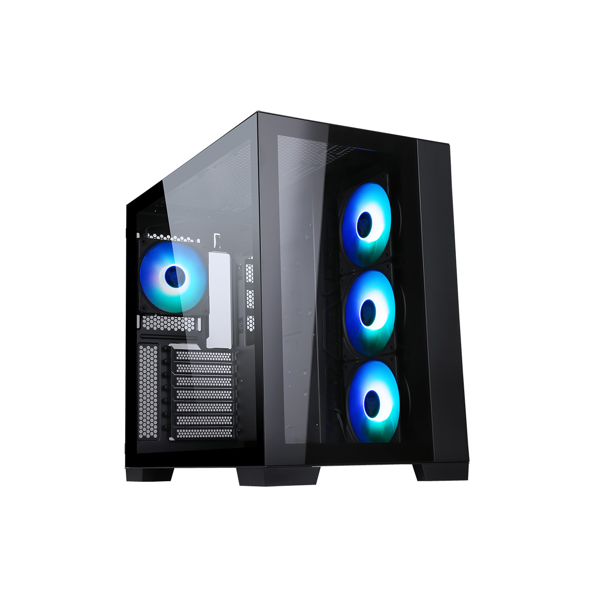 Un case per computer nero con pannello in vetro, che mostra i componenti interni. Tre ventole anteriori e una laterale brillano di blu e verde acqua.