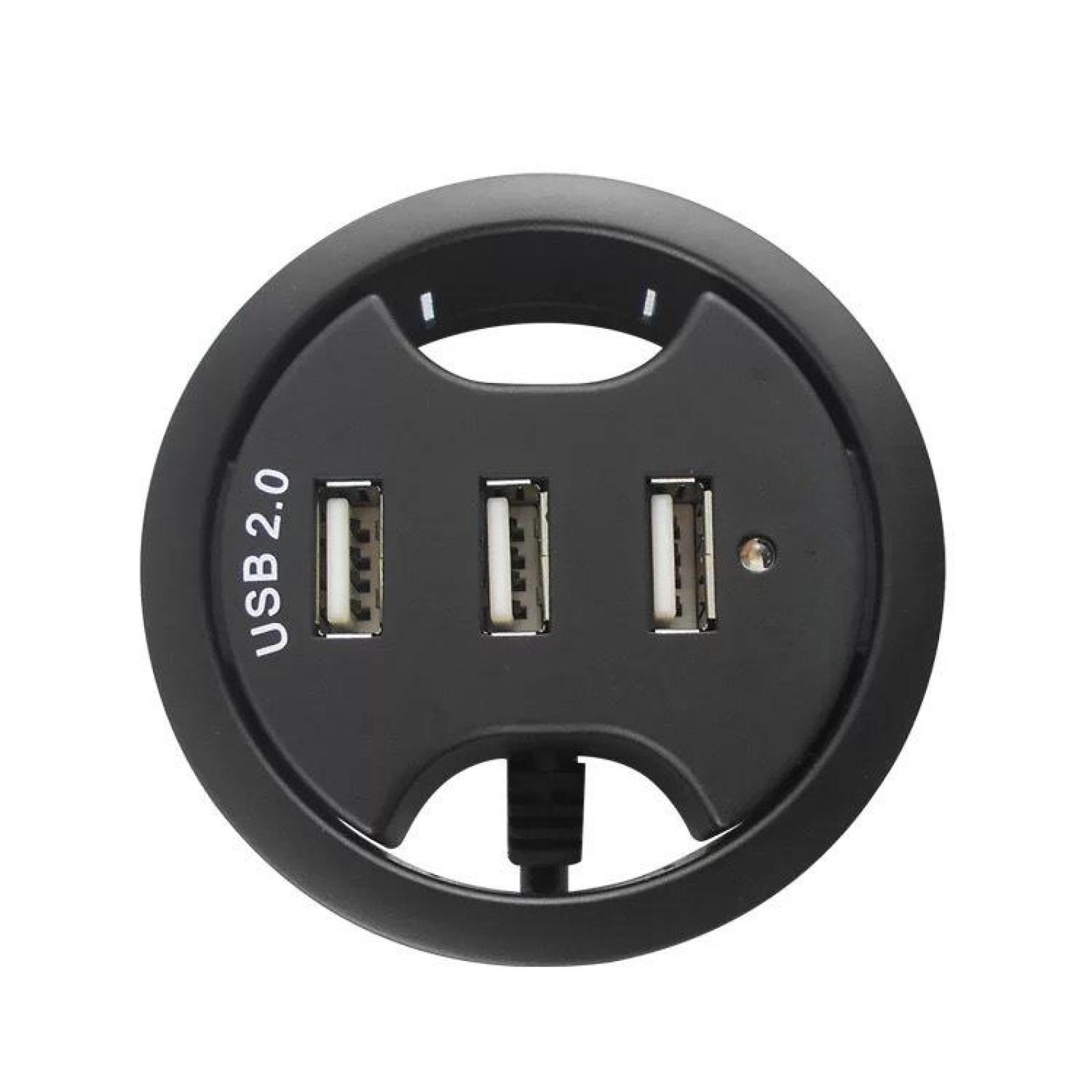 Ein schwarzer USB 2.0-Hub mit drei Anschlüssen. Er ist kreisförmig mit flacher Oberseite und einem kleinen schwarzen Stecker.