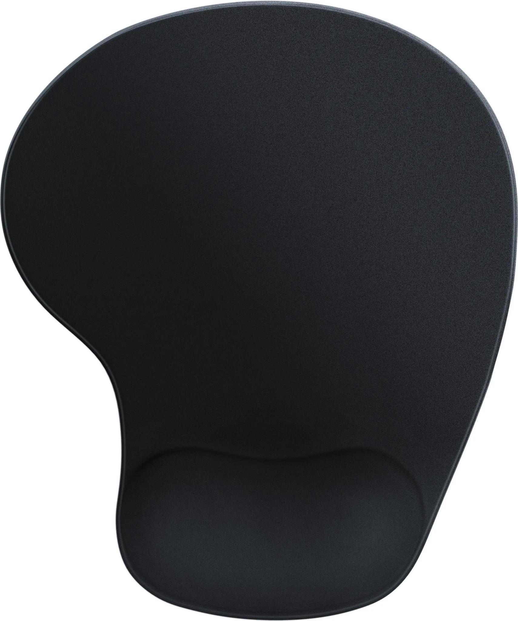 Ein schwarzes ergonomisches Mauspad mit Handgelenkauflage. Das Pad hat eine strukturierte Oberfläche und eine abgerundete Form.