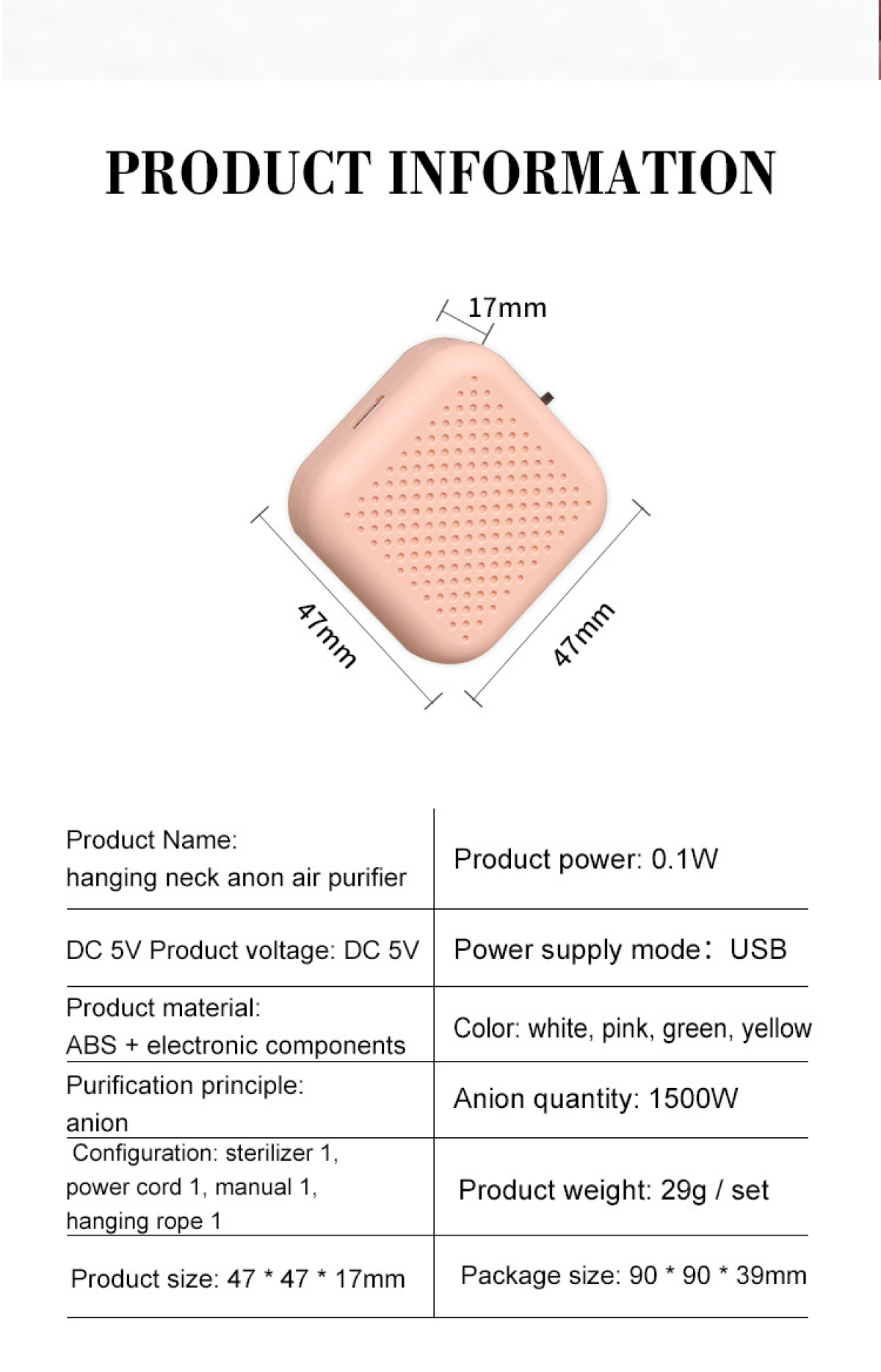 Das Bild zeigt Produktinformationen für einen Nacken-Luftreiniger. Enthält ein rosa Gerät, Abmessungen und Produktspezifikationen.