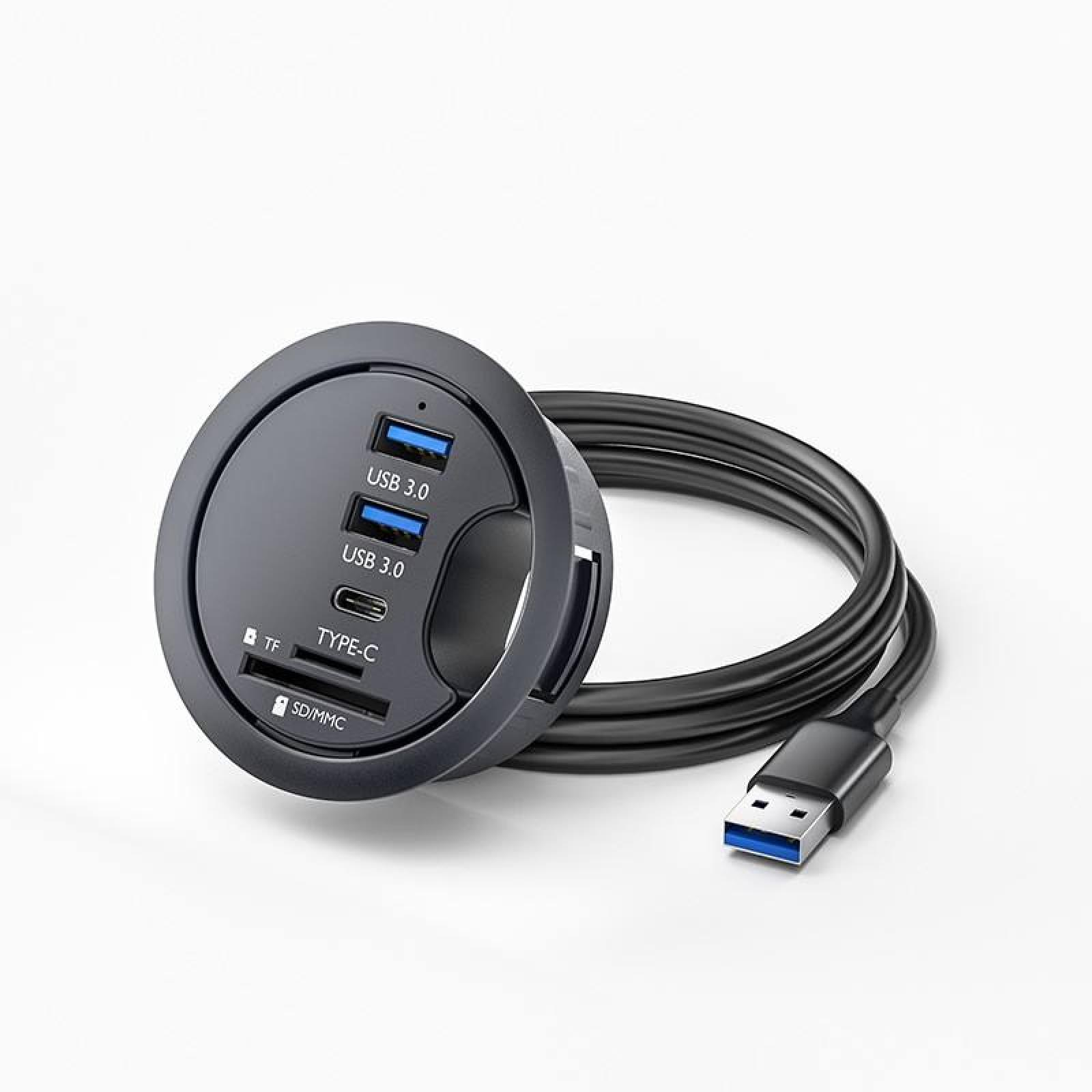 Ein schwarzer USB-Hub mit USB 3.0-Anschlüssen, einem Typ-C-Anschluss und einem TF/SD-Kartensteckplatz, verbunden mit einem schwarzen USB-Kabel.