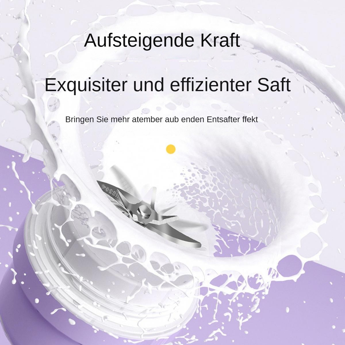 Ein Mixer mit spritzender Flüssigkeit. Text auf Deutsch: Aufsteigende Kraft, Exquisiter und effizienter Saft. Lila und weiße Farben.